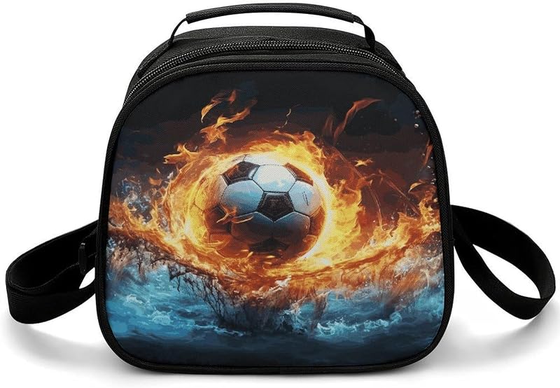 Bolsa de almuerzo de fútbol en fuego y agua Bolsa para el almuerzo Bolsa más fresca | Fiambrera aislada con cremallera y asa fuerte, hebilla ajustable, fácil de plegar y almacenar para uso diario, viajes, picnic