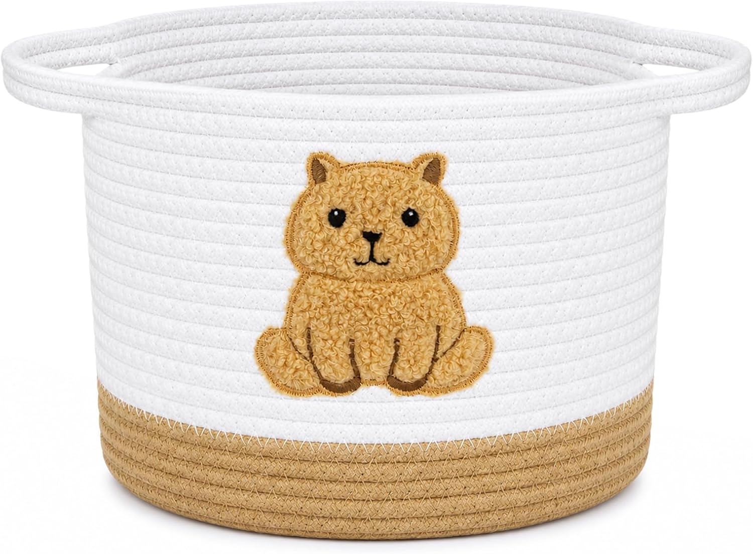 Small Cotton Rope Storage Basket with Handles, Boho Cotton Rope Storage Bins for Towel,Toy, Round Jute-Colored Nursery Woven Basket, Empty Gift Basket,11 x 11 x 5