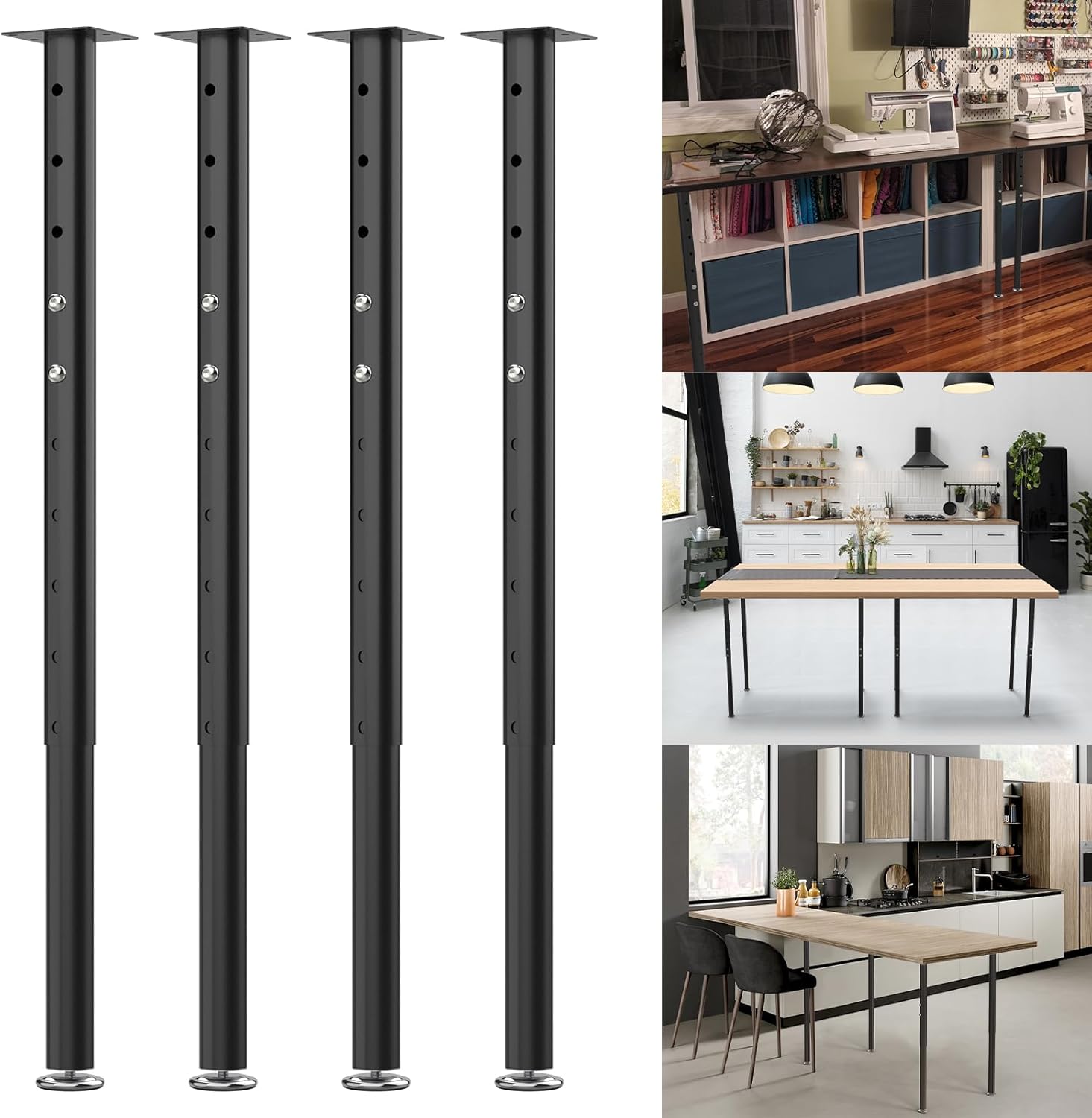 Heavy-Duty Adjustable Desk Legs, 24"-40" Set of 4 Adjustable Table Legs, 220 LB Load Capacity Steel Office Table Frames, Quick Installation with Leveling Feet for DIY, Black Adjustable Furniture Legs