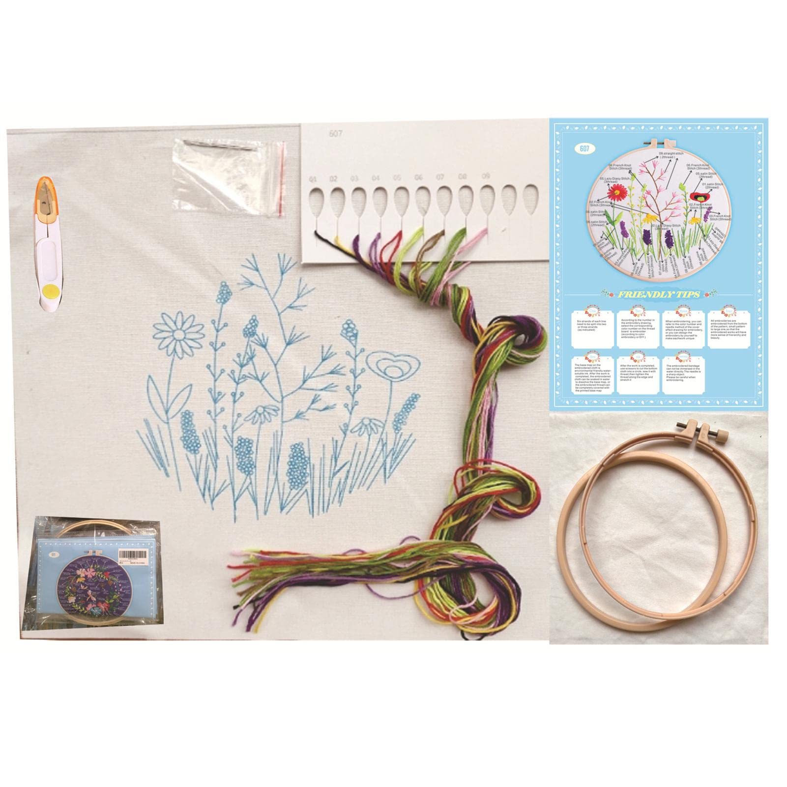 Ricamo Starter Kit, 3 Stile Ricamo a Mano a Punto Croce Motivo a Piante Kit Ricamo Starter, Set per Embroidery Starter per Adulto Principianti Punto Croce Cucire Accessori Kit con Telaio da