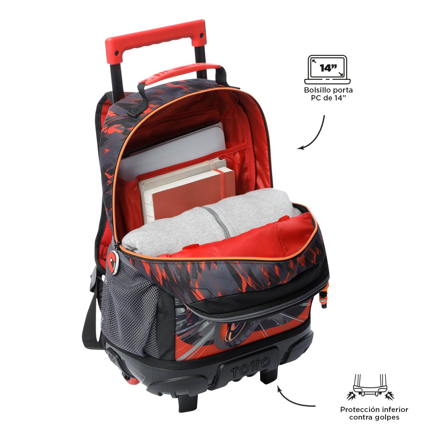TOTTO - Mochila Escolar con Ruedas, Modelo Speed Biker M, Mochila Mediana, Capacidad 23 L, 2 Compartimentos, 2 Bolsillos Botella, Protección en la Base, Cómodas Correas Ajustables, Color Rojo