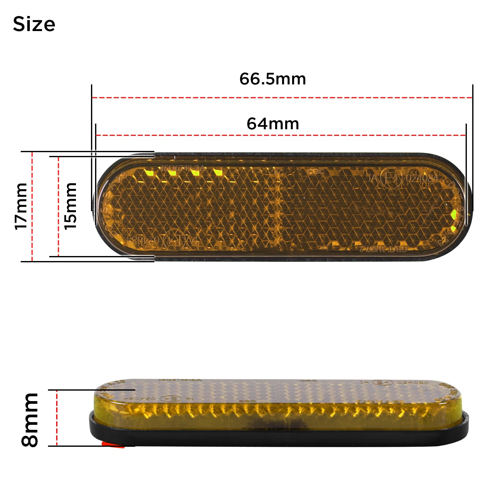 polarmotor Riflettore giallo moto Mini 70 × 20 × 8 mm E4 riflettore catadiottro E4 occhio di gatto per scooter elettrico bicicletta autoadesivo, 2 pezzi