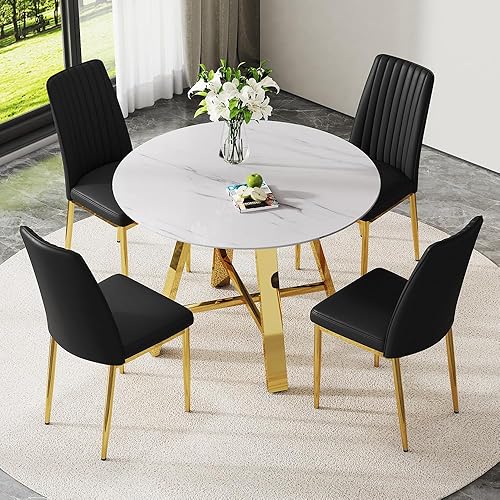 Miniatura 14 de Juego de 4 mesas de comedor redondas de 42 pulgadas para 4, juego de sillas de mesa de cocina modernas para 4 mesas de comedor de mármol sintético,
