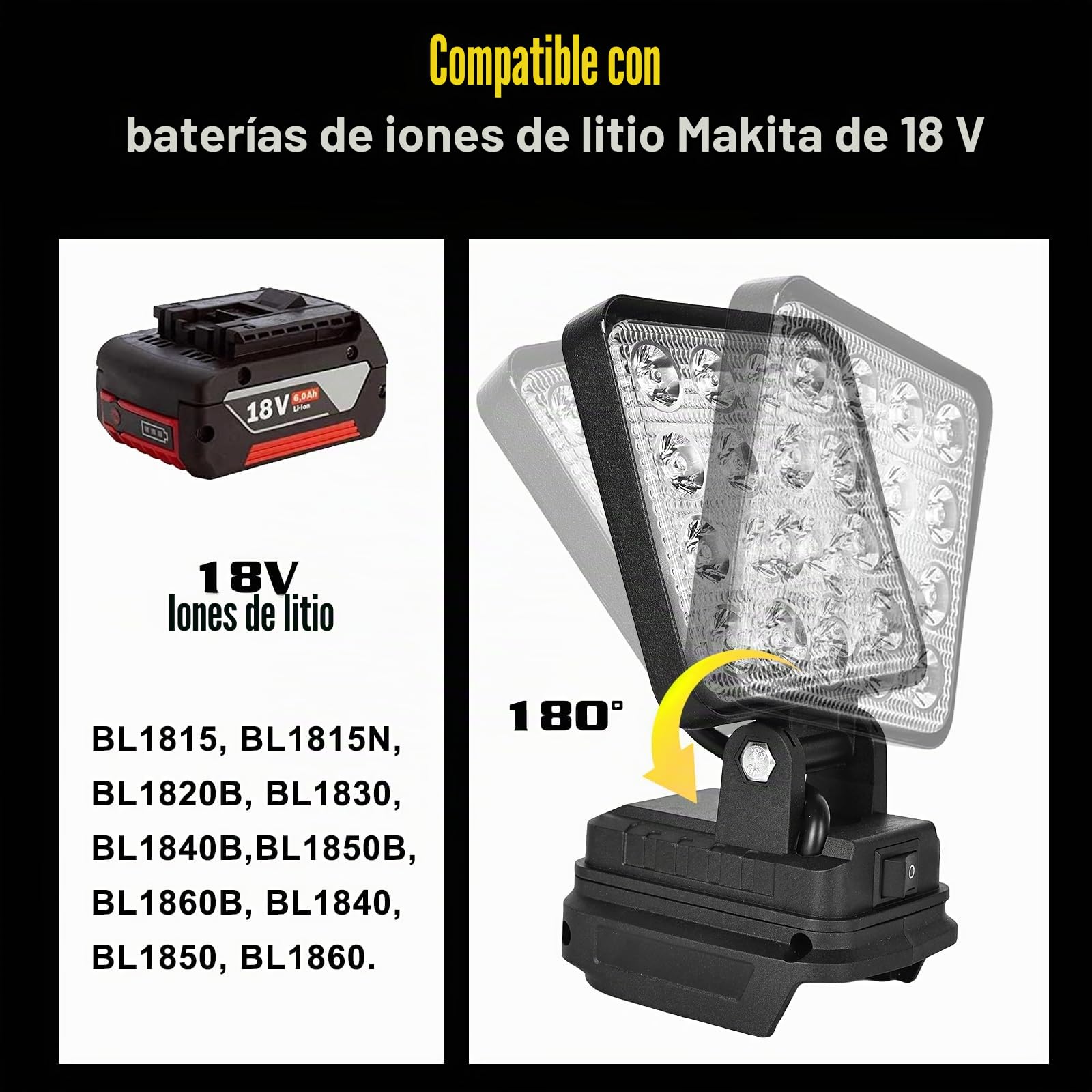 HOSPAOP Lámpara LED de trabajo con batería para Makita 18 V – 27 W, foco LED portátil, con batería, foco de luz de construcción, lámpara con carga USB, 2 unidades (sin batería)