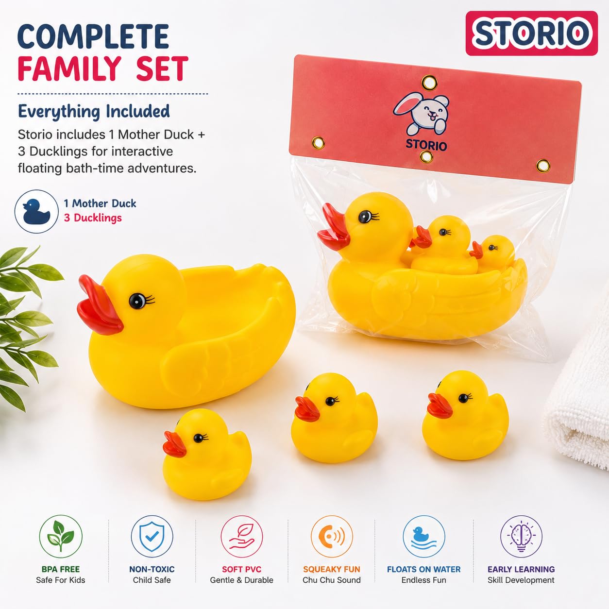 Storio Super Cute Duck Family Animals Swimming Water Toys Non-Toxic,BPA Free Colorful Soft Rubber Float Squeeze Sound Squeaky Bathing Toy for Baby Chu Chu Toy Set of 4 (1 Duck + 3 Ducklings) 2