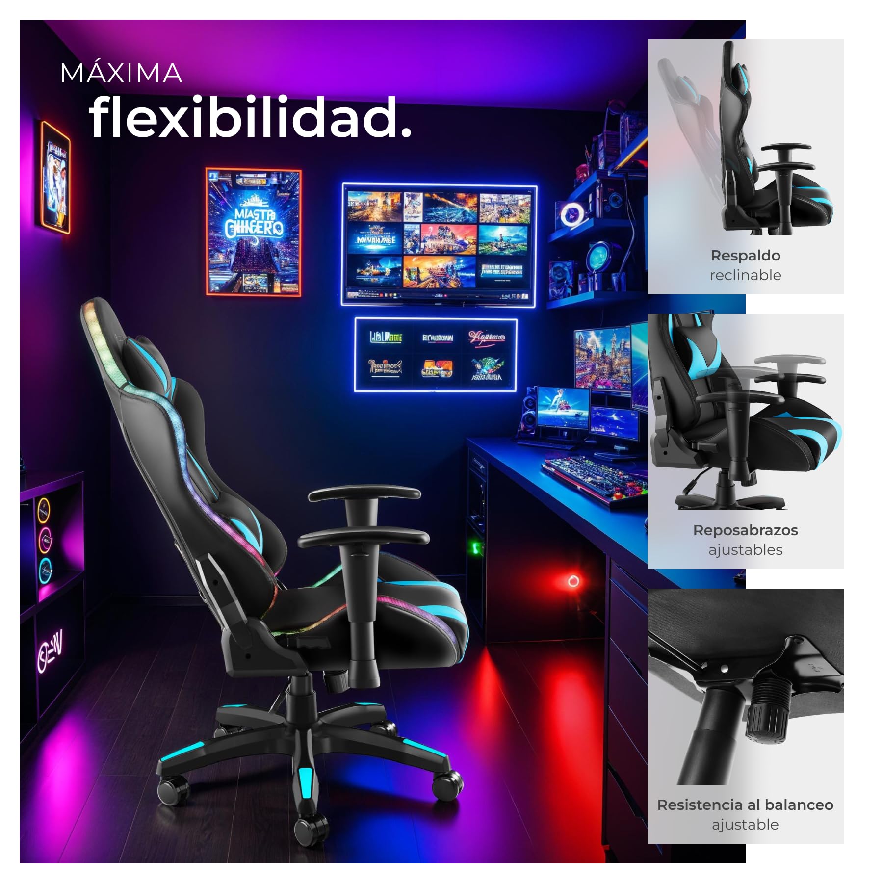 tectake® Silla Gaming, Silla de Oficina Ergonómica con Función Masaje, Iluminación LED, Respaldo y Reposabrazos Ajustables, Silla Giratoria Reclinable, Silla para Escritorio y Gaming - Negro/Celeste