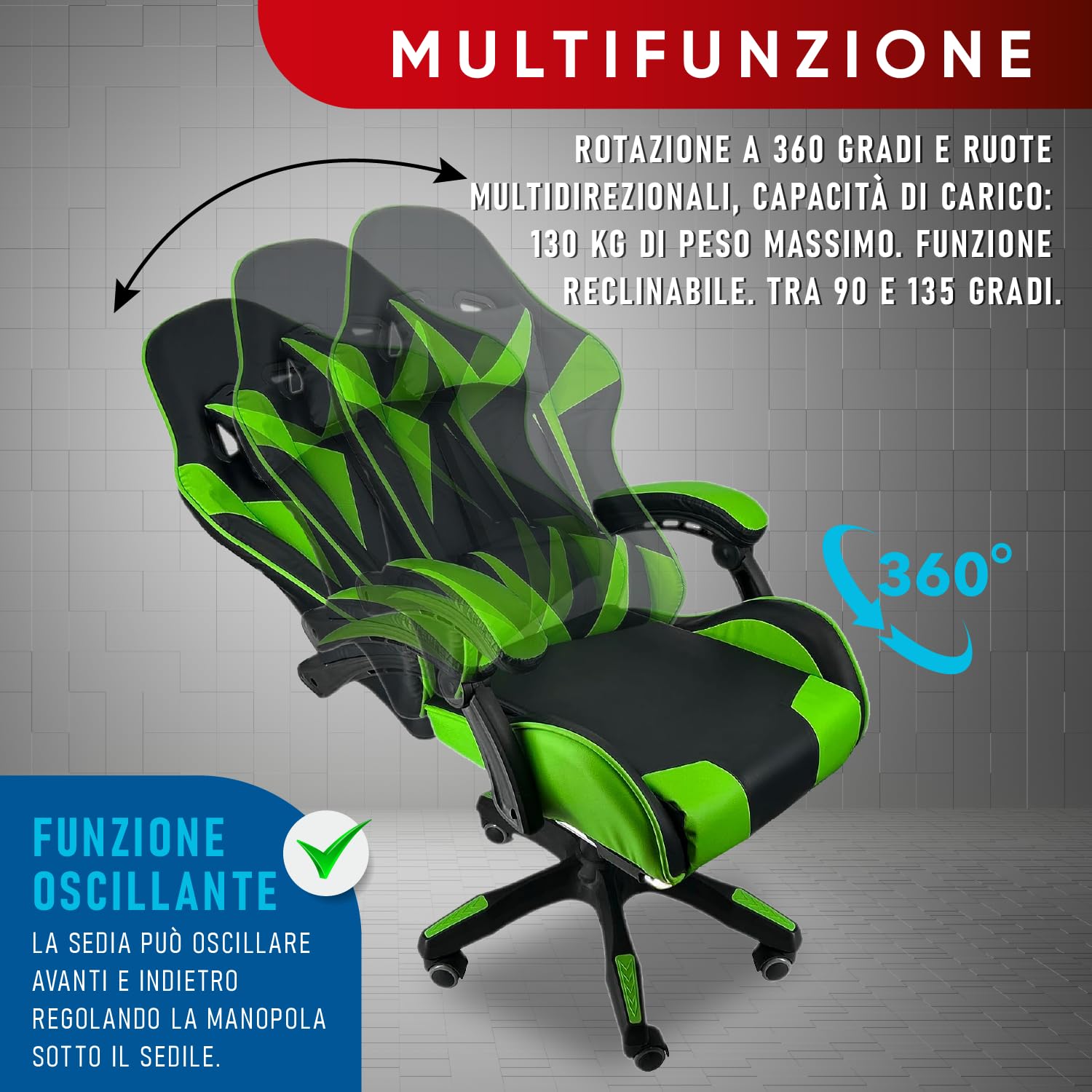 Walden Sedia da gaming, ergonomica, da ufficio, da gaming, schienale regolabile, sedia girevole da corsa, ufficio, computer, ergonomica, videogioco (Verde)