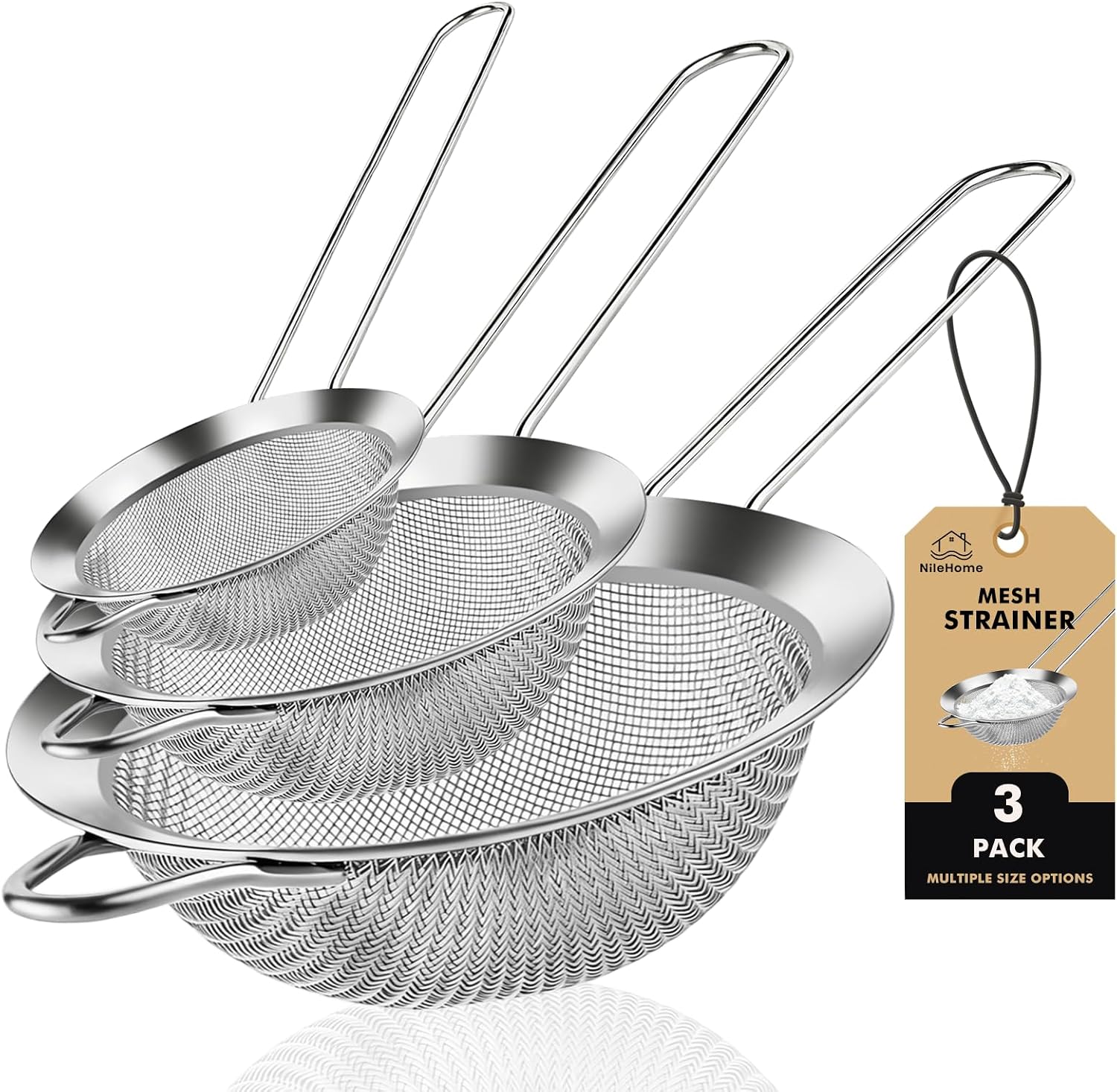 NileHome 3 Piece Stainless Steel Mesh Strainers,Silver（3.1"+5.4"+7.8")