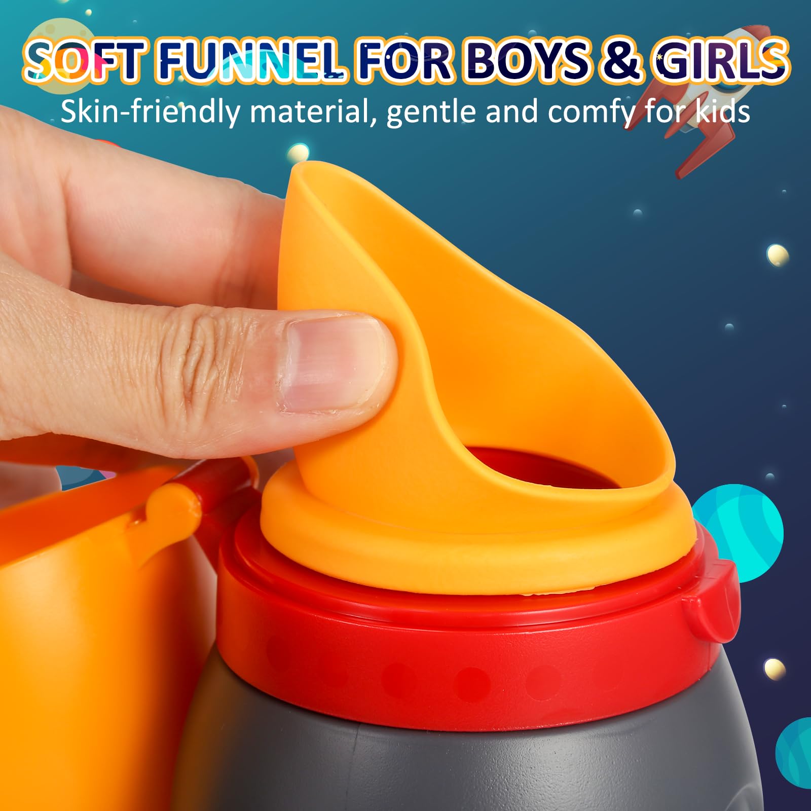 ONEDONE Portable Urinal for Kids Rocket Pee Bottle for Kids Emergency Toilet Urinal for Toddlers Boys Girls 12.5 OZ Small Pee Cup for Kids Camping Car Travel Potty Training Baby Urinal Orange - 2
