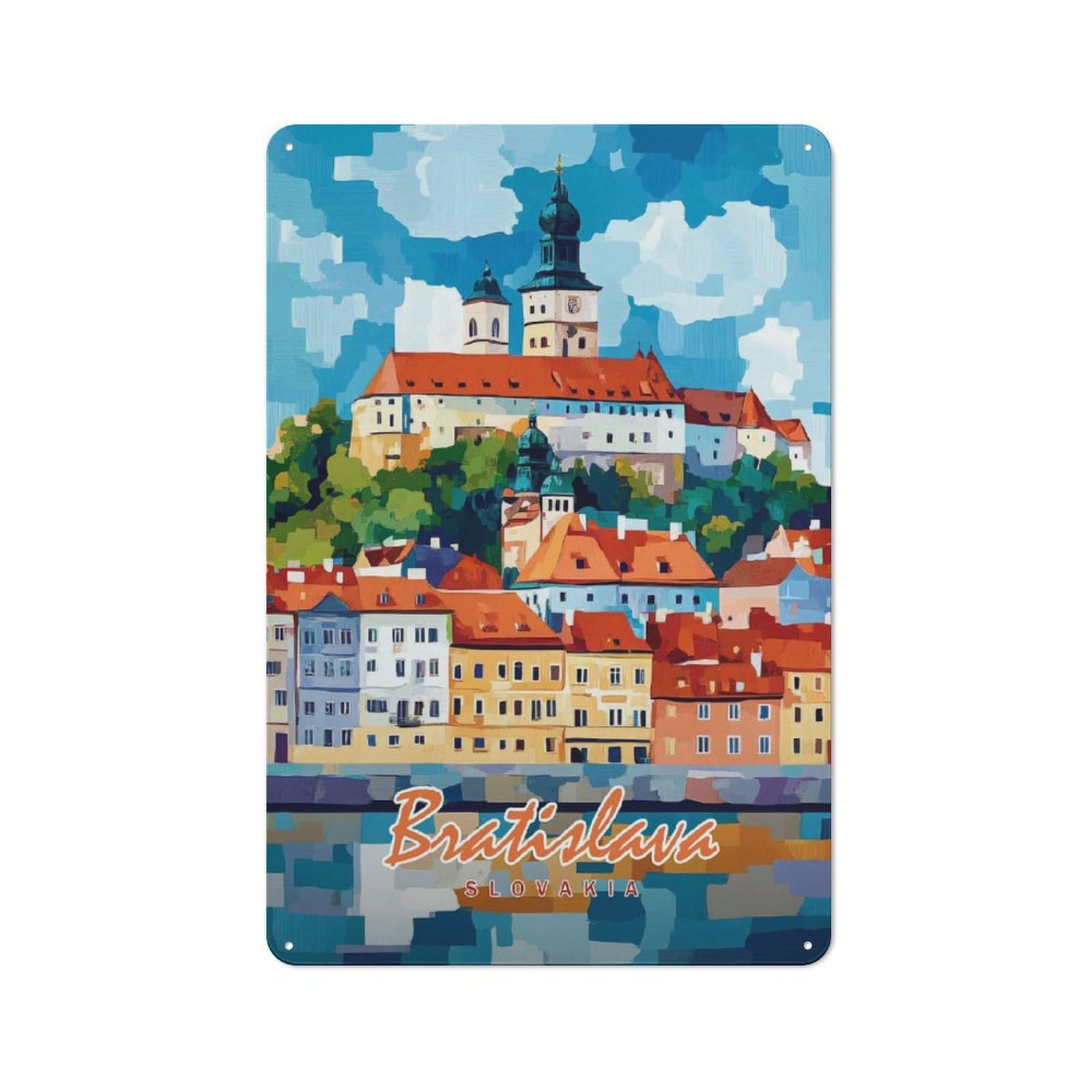Junmoney Style-20 Vintage Tin Sign 30X20cm With Bratislava Castle Cityscape For Bar Or Restaurant, Suited To Bar Decor Enthusiasts