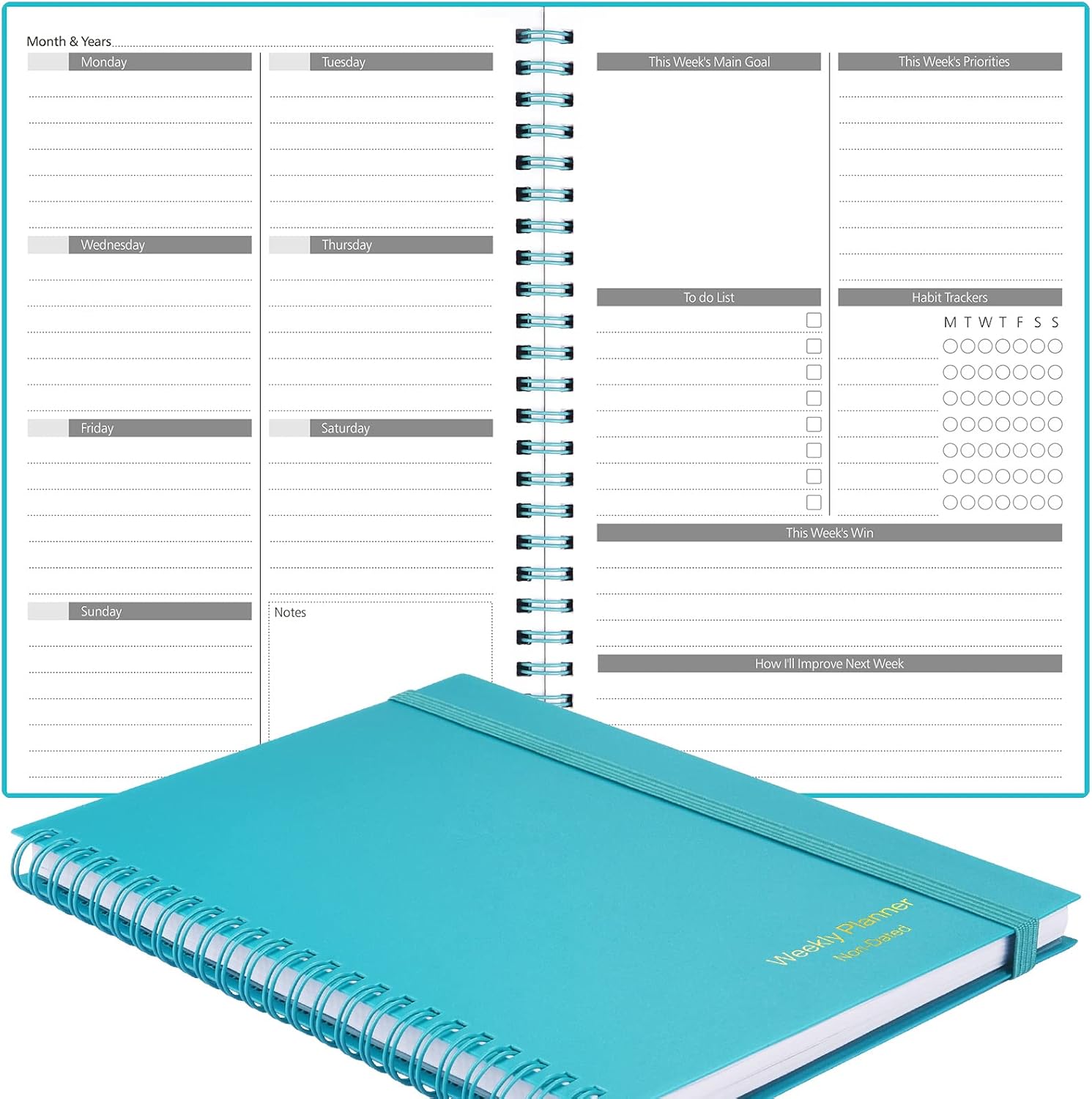 Asten 2024 Weekly Planner, Undated Goal Planner Notebook, To Do List Planner, PVC Hardcover, Elastic Closure, Inner Pocket, 8.3″ x 5.8″ (Blue)
