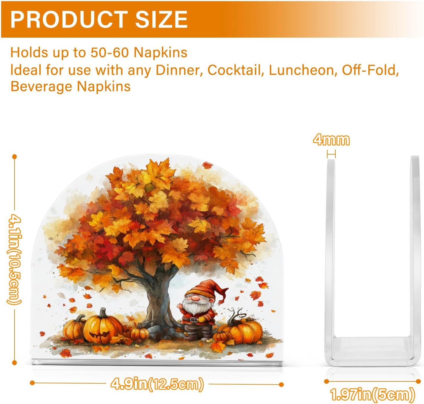 Fall Maple Leaves Pumpkins Gnome Napkin Holder, Acrylic Napkin Holders for Table Cocktail Napkins Dispenser Paper Stand for Home Kitchen Restaurant Bar, 1 Pc