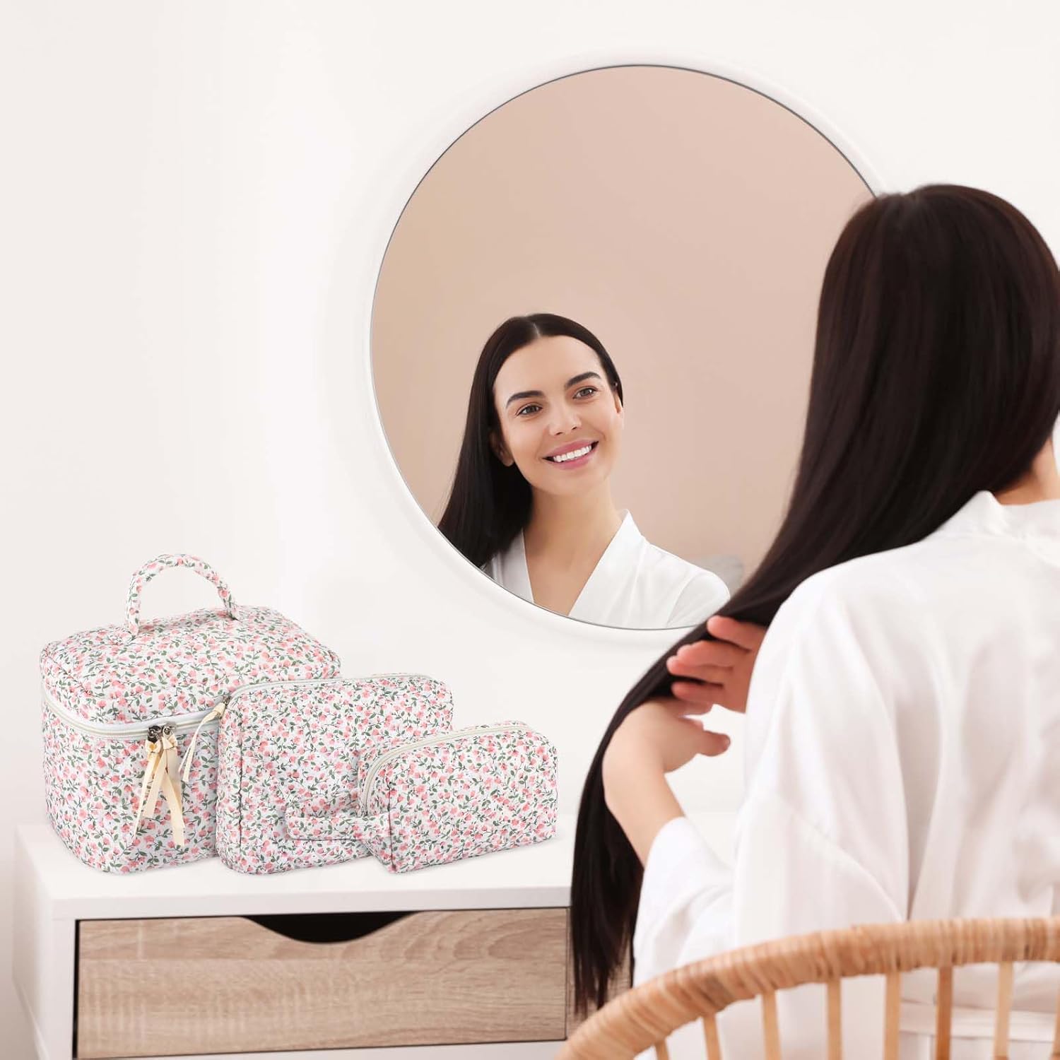 Paterr Makeup Bag Set 3 Pcs Large Quilted Cotton Make up Bags for Women Cosmetic Travel Toiletry Organizer Pouch Cute Aesthetic Storage Purse(Pink,Pink Floral) - Image 7