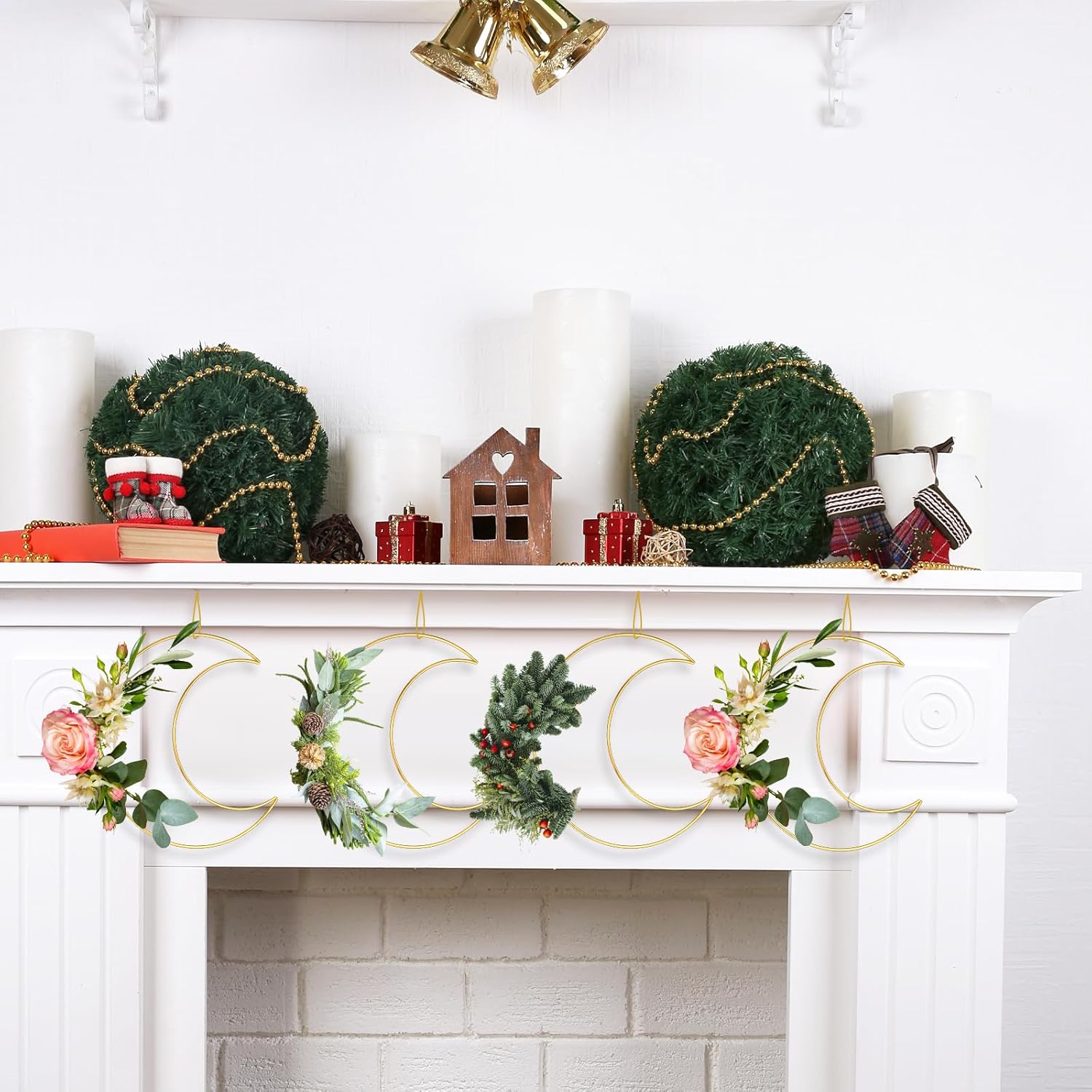 12 Pack Moon Centerpieces for Tables, Moon Dream Catcher Macrame Metal Floral Hoop Centerpiece with Stand, Gold Metal Wreath Rings for DIY Wedding Decor, Wall Hanging