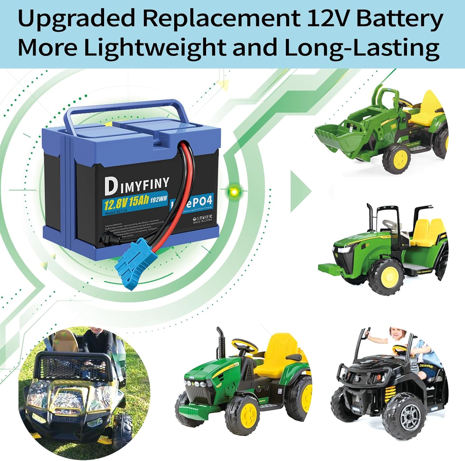 Upgraded 12 Volt Replacement Battery for Peg Perego John Deere Tractors,12V15AH, Extended Run Time Replacement for Kids Ride-On toy Cars, Built-in 20A BMS & 2A Fast Charger