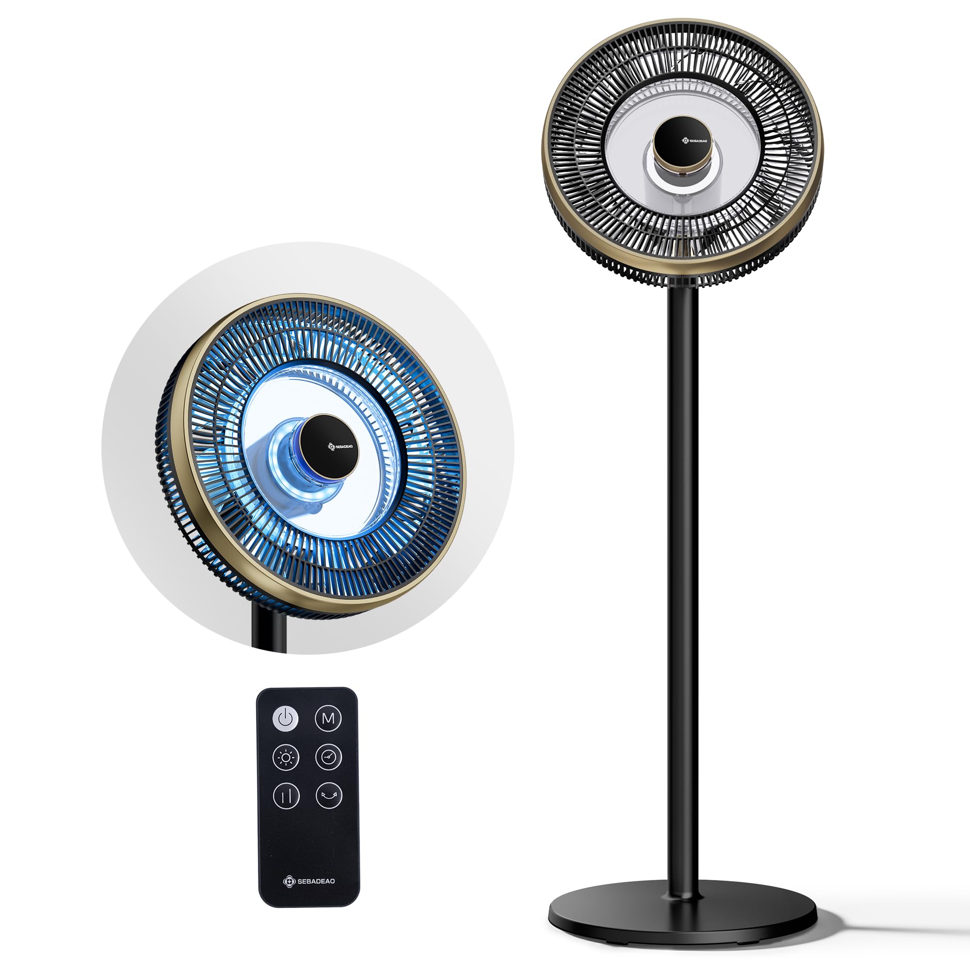 Photo 1 of SEBADEAO Fan for Bedroom, 25dB Quiet Fan 100ft Airflow, 90° Oscillating Standing Fans with RGB Light, Pedestal Floor Fan with DC Motor, 15H Timer, 4 Speeds 4 Modes, Remote, Home, Office, Indoor
