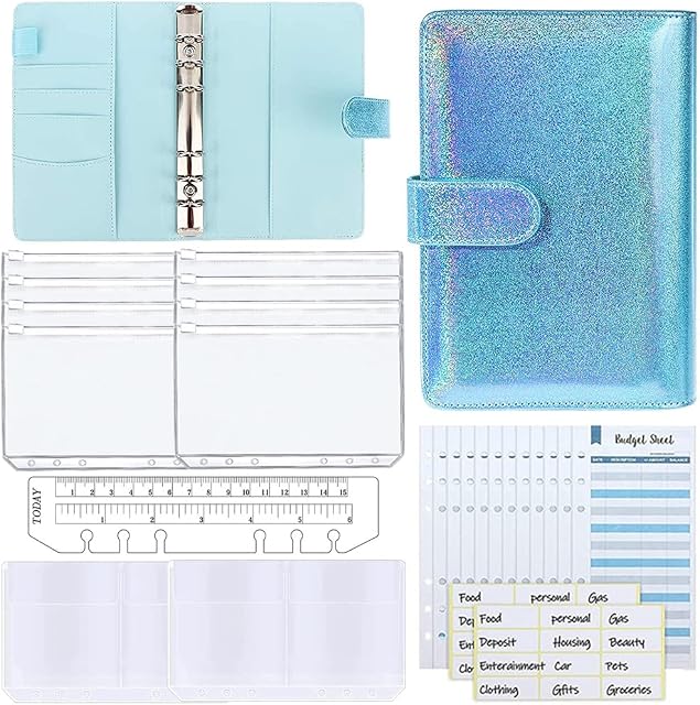 A6 Budget Binder Set, PU Leather Notebook Cash Organizer Money Saving Wallet with 8 Clear Zipper Cash Envelopes 12 Budget Sheets 2 Bill Bags & 24 Stickers for School & Office, Shiny Blue