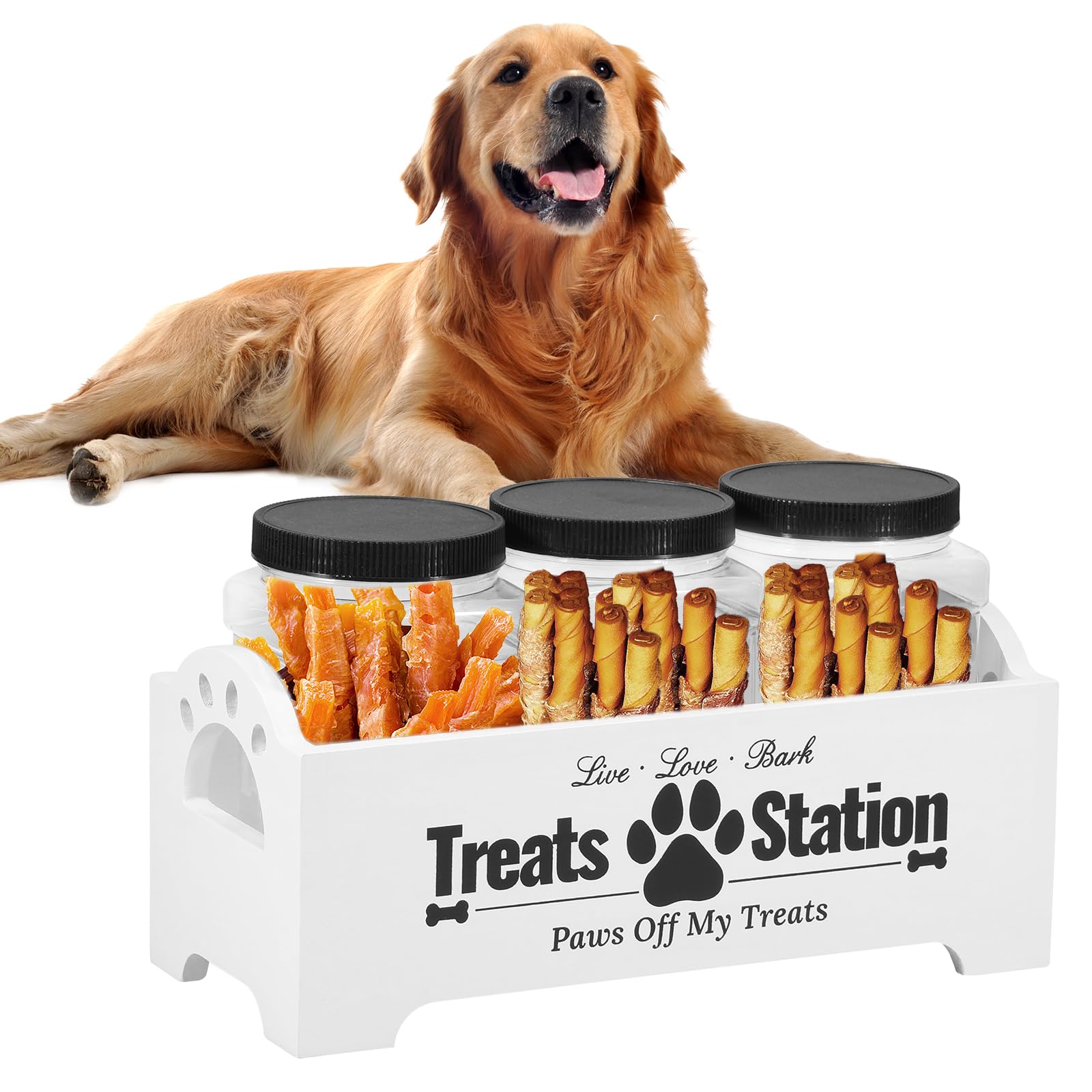 JEJUWE Dog Treat Container Wooden Dog Food Storage Container with 3 Plastic Jars Air Tight Reusable Cute Pet Biscuit Container for Dog and Cat (White)