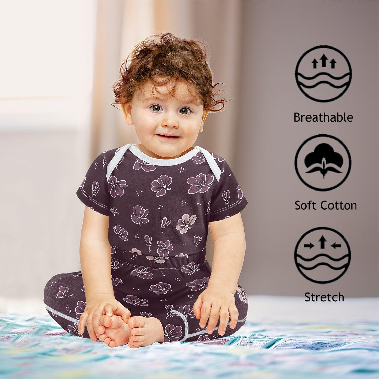 vvfelixl Baby Clothes Small Purple Flowers Baby Bodysuits Set Unisex Short Sleeve Babys Pants Sets 0-3M