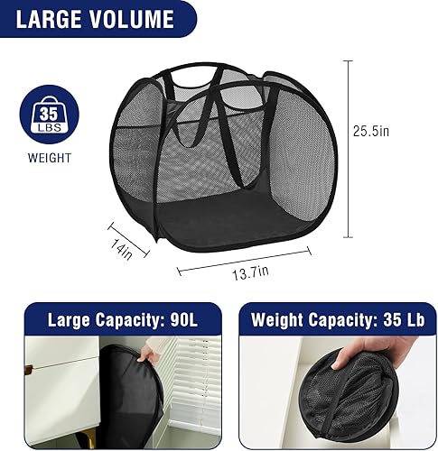 Miniatura 3 de TECHMILLY Cesta plegable de malla con asas fuertes, cesta de ropa de gran apertura con bolsillos laterales, cestas de almacenamiento para