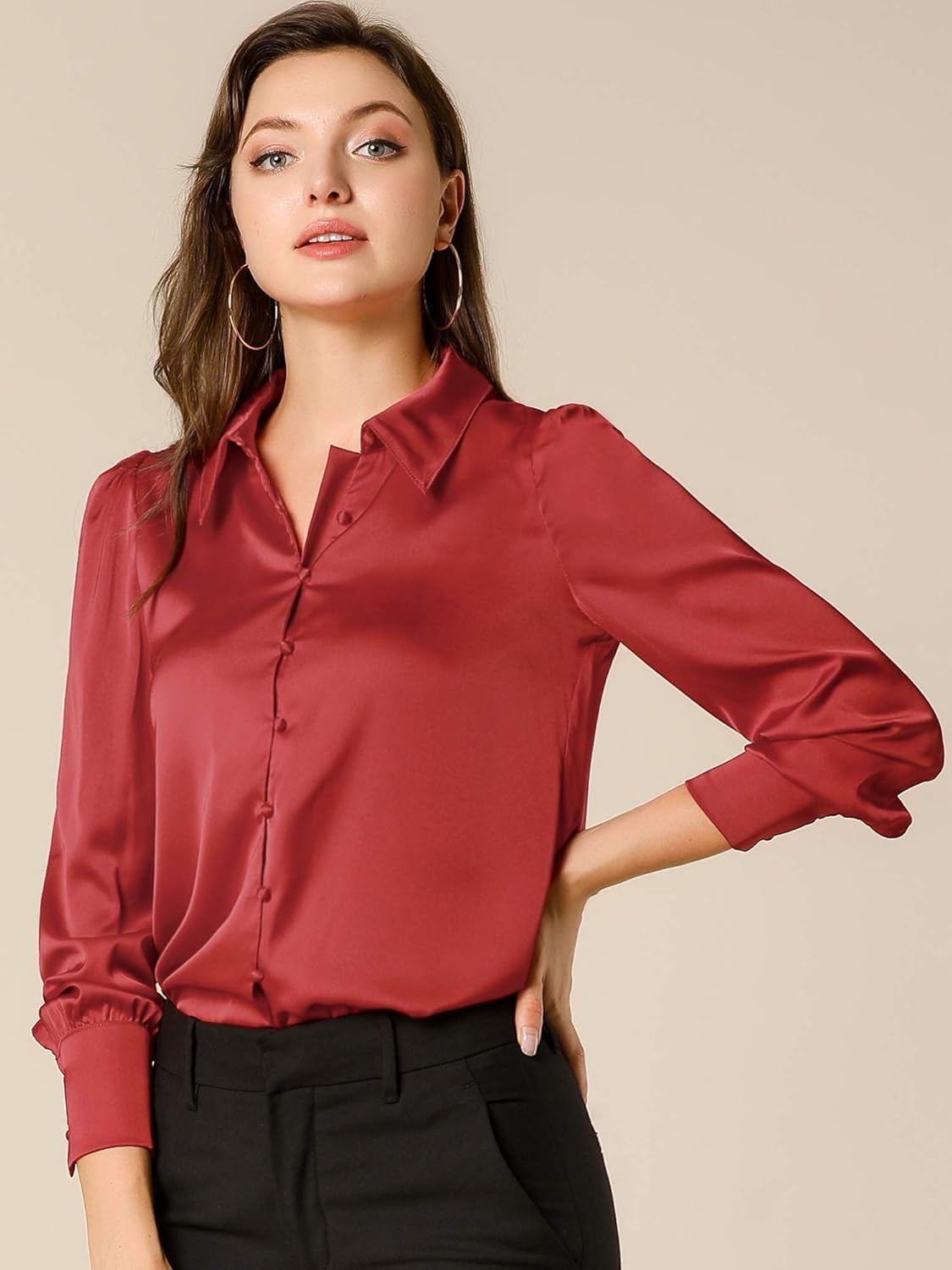 Allegra K Women's Satin Blouse Puff Long Sleeve Collared Button Down Shirt Dressy Office Work Top Business Casual - Image 2