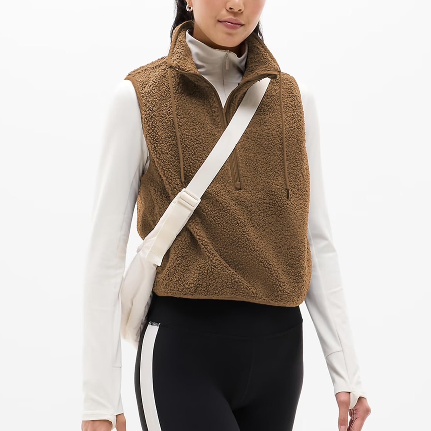 Songling Womens Fuzzy Fleece Vest High Neck Cropped Half Zip Up Warm Sherpa Vest Drawstring Pullover with Pockets