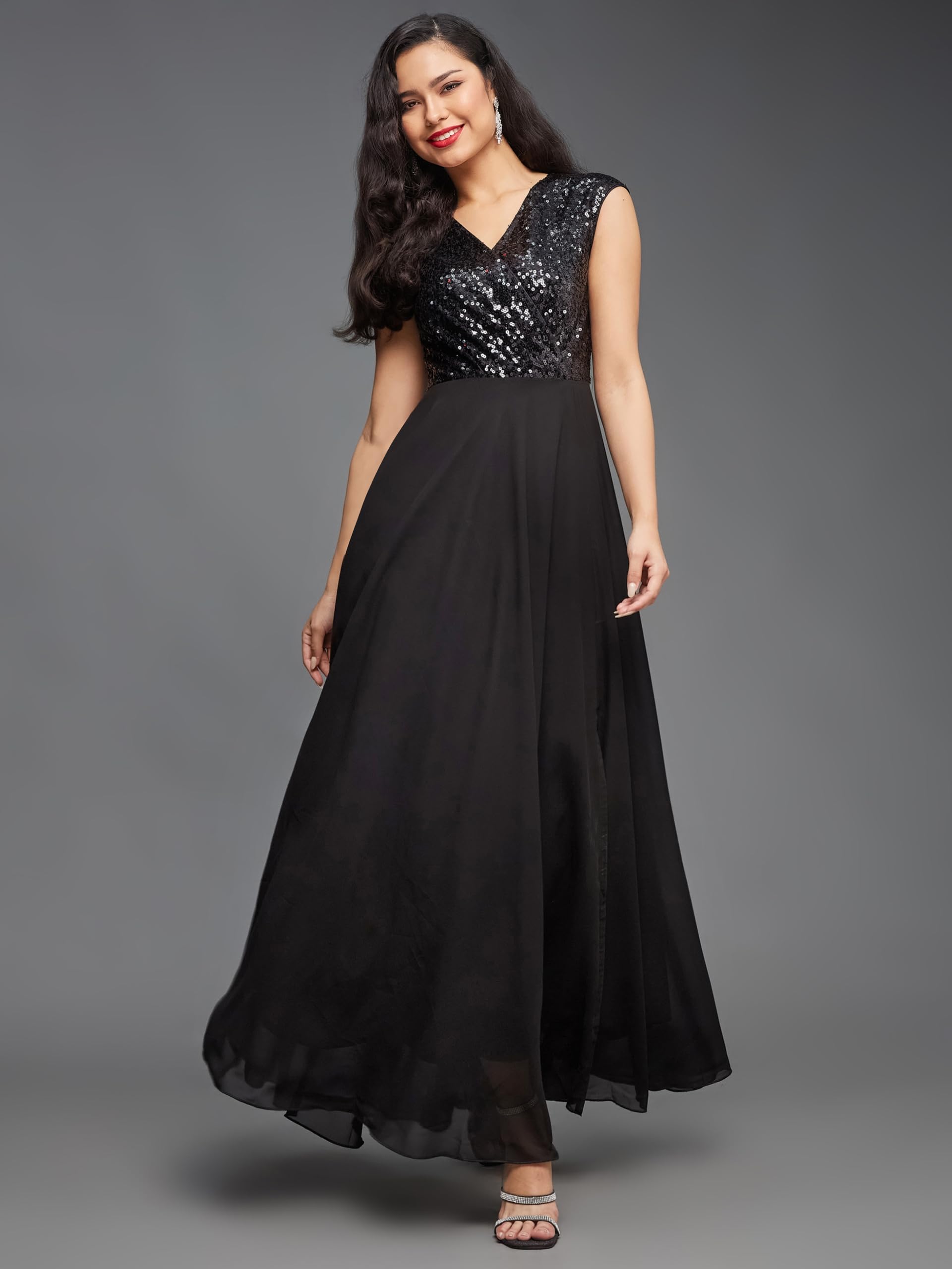 Miss Chase Women's V-Neck Cap Sleeved Solid Wrap Maxi Dress (Mcaw22D99-88-62-05, Black, L)