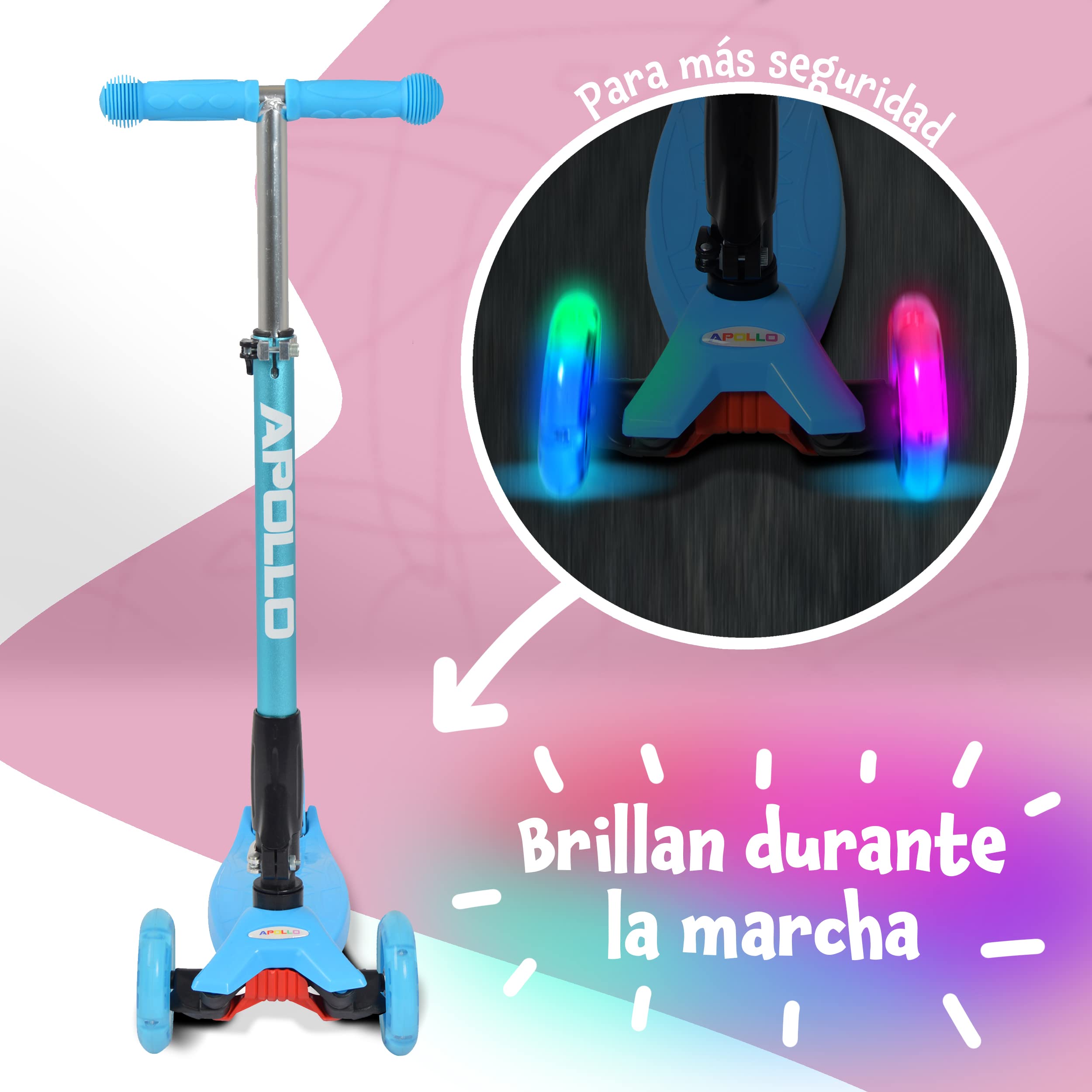 Apollo Patinete Kids Whiz LED – 3 Ruedas Plegable Y Ajustable En Altura – Ruedas Con Luces RGB Para Niños De 3 A 12 Años