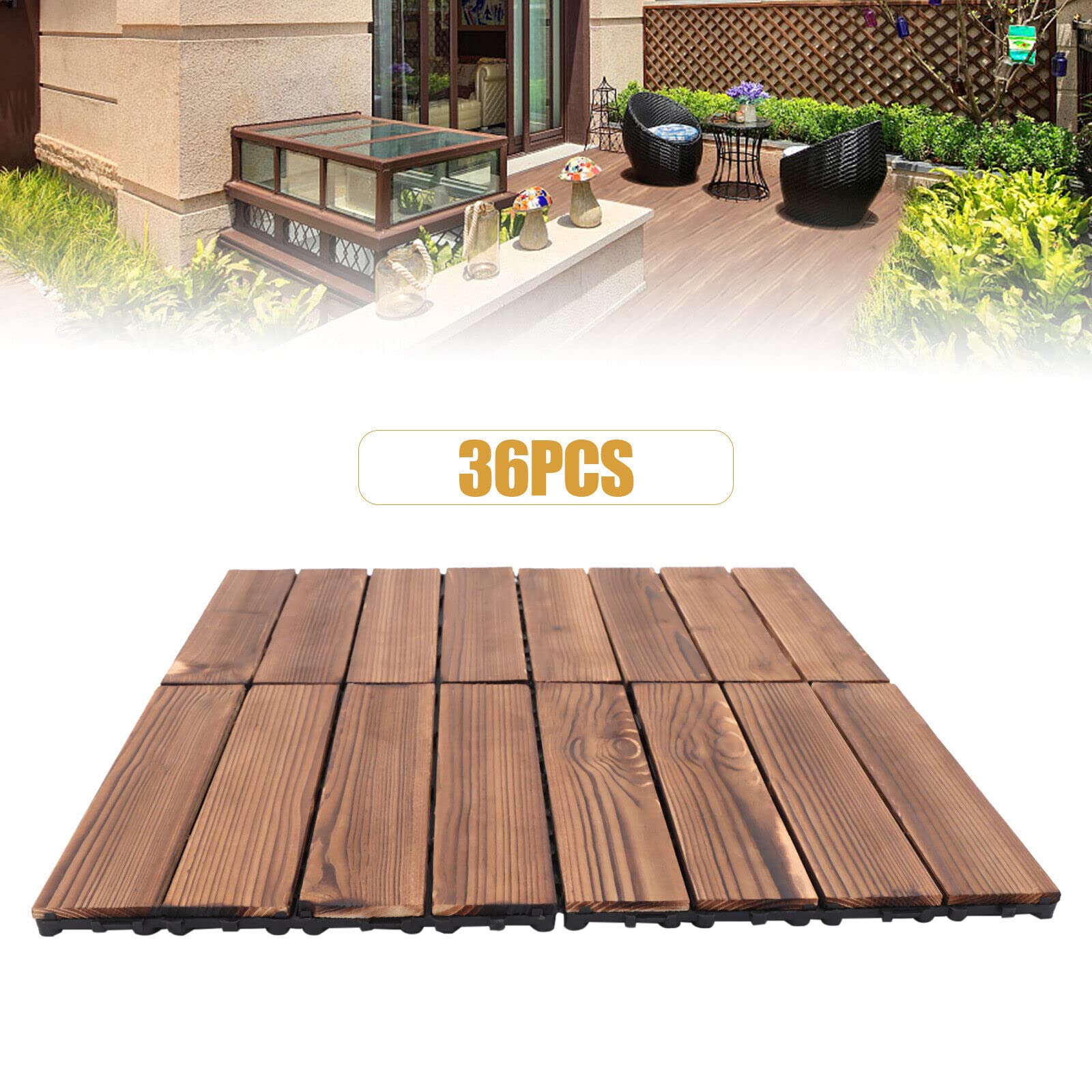 36 baldosas entrelazadas para terraza, suelo de madera dura, 30 x 30 cm, para jardín, patio, balcón