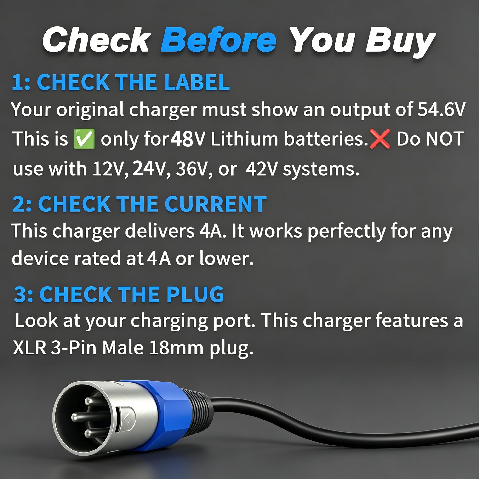 Chargeur 54,6V 4A pour Trottinette électrique Batterie Lithium 48V | Compatible vélos électriques, connecteur XLR mâle 18mm, protections sécurité, ventilateur & écran affichage tension.