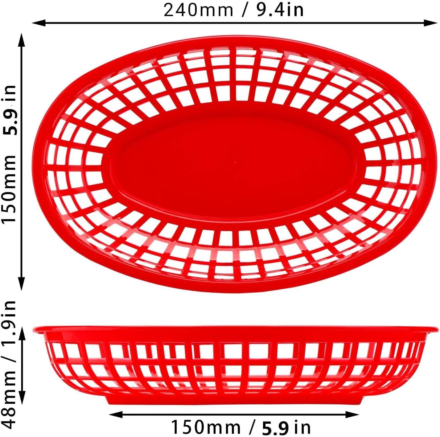 EUSOAR 6Pcs Red-Oval Plastic Fast Food Serving Baskets, 9.4in x 5.9in, Great for Burgers, Fries, Sandwiches, Dishwasher and Microwave Safe