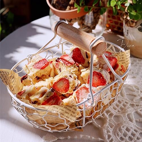 Miniatura 7 de Cesta de alambre de metal con asas de madera, cesta de almacenamiento de huevos de gallina estilo vintage, cestas de frutas de metal estilo