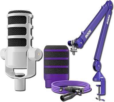 Rode PodMic Dynamic Broadcast Microphone White with PSA1+ Microphone Boom Arm, WS14 Pop Filter, and Premium XLR Cable Purple