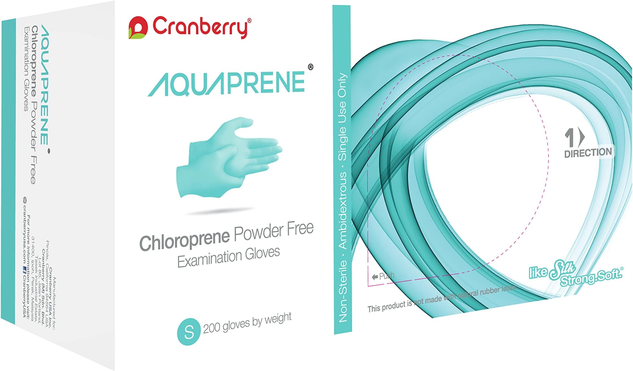 Cranberry USA CR3026 Aquaprene Chloroprene Powder Free Exam Gloves, 3.2 mil, Aqua, Small (Pack of 200)