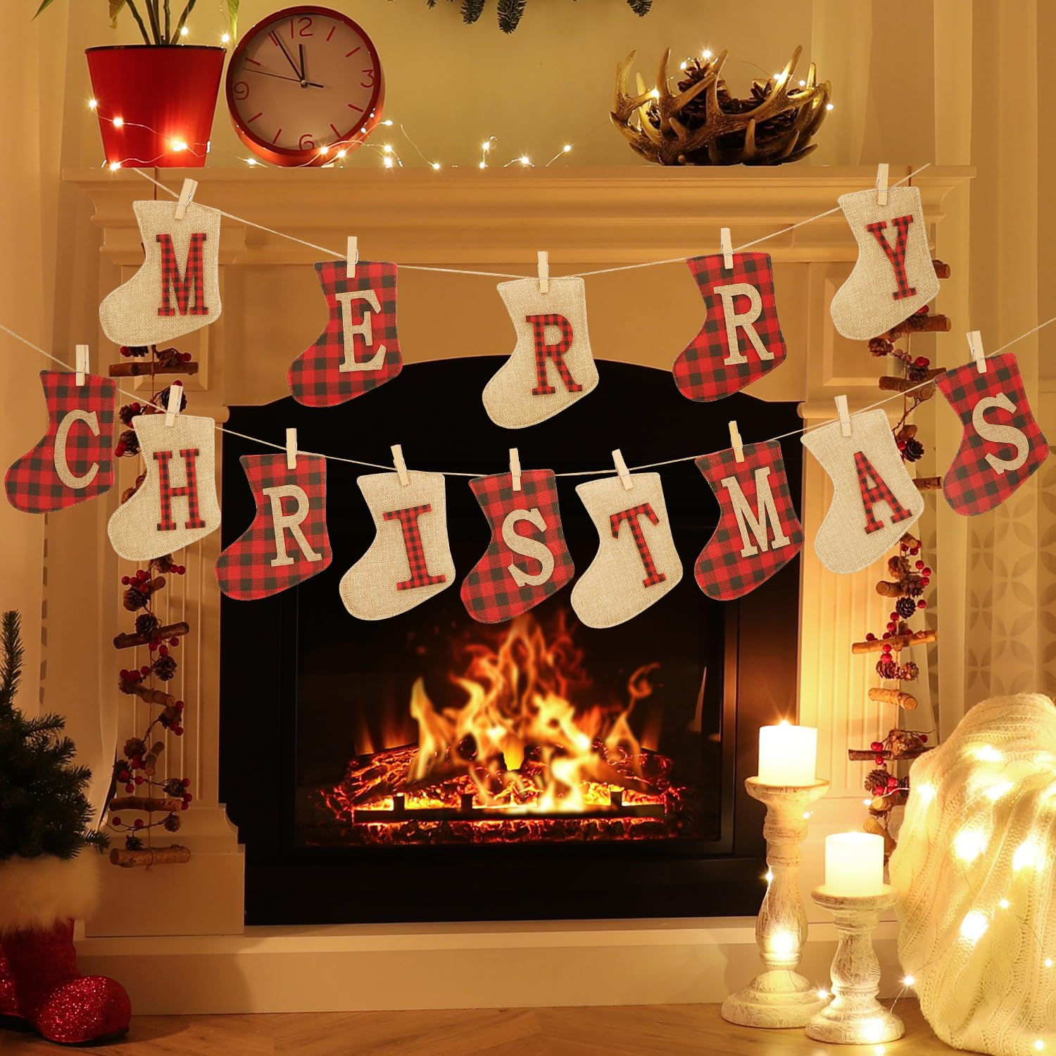 OWill Merry Christmas Banners Indoor Sock Shaped, Burlap Banners Hanging Decorations for Christmas Party Wall Door Fireplace and Tree - Image 4