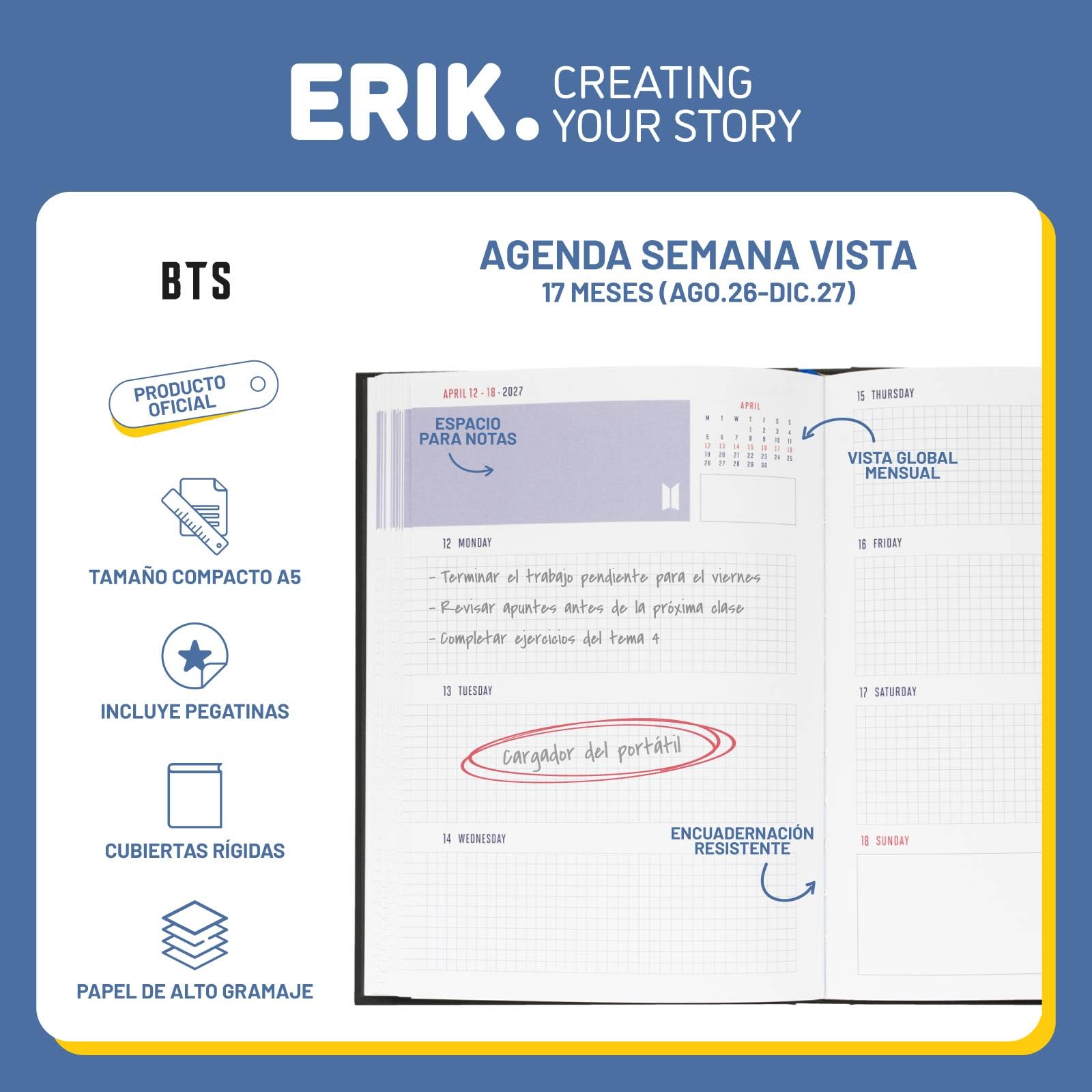Grupo Erik Agenda escolar 2026 2027 Semana Vista BTS | Agenda Semana Vista A5, Instituto y Universidad, Curso 26/27, Sin Anillas, Tapa dura, Pegatinas e Ilustraciones, 17 MESES