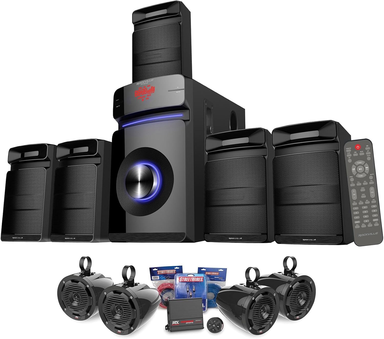 Audiosavings Bundle: (1) MTX UNI-2-MUDBTRC UTV Audio Kit-Amplifier+4 Roll Cage Speakers+Bluetooth Control Bundle with (1) Rockville HTS45 800w 5.1 Channel Bluetooth Home Theater +Subwoofer (2 Items)
