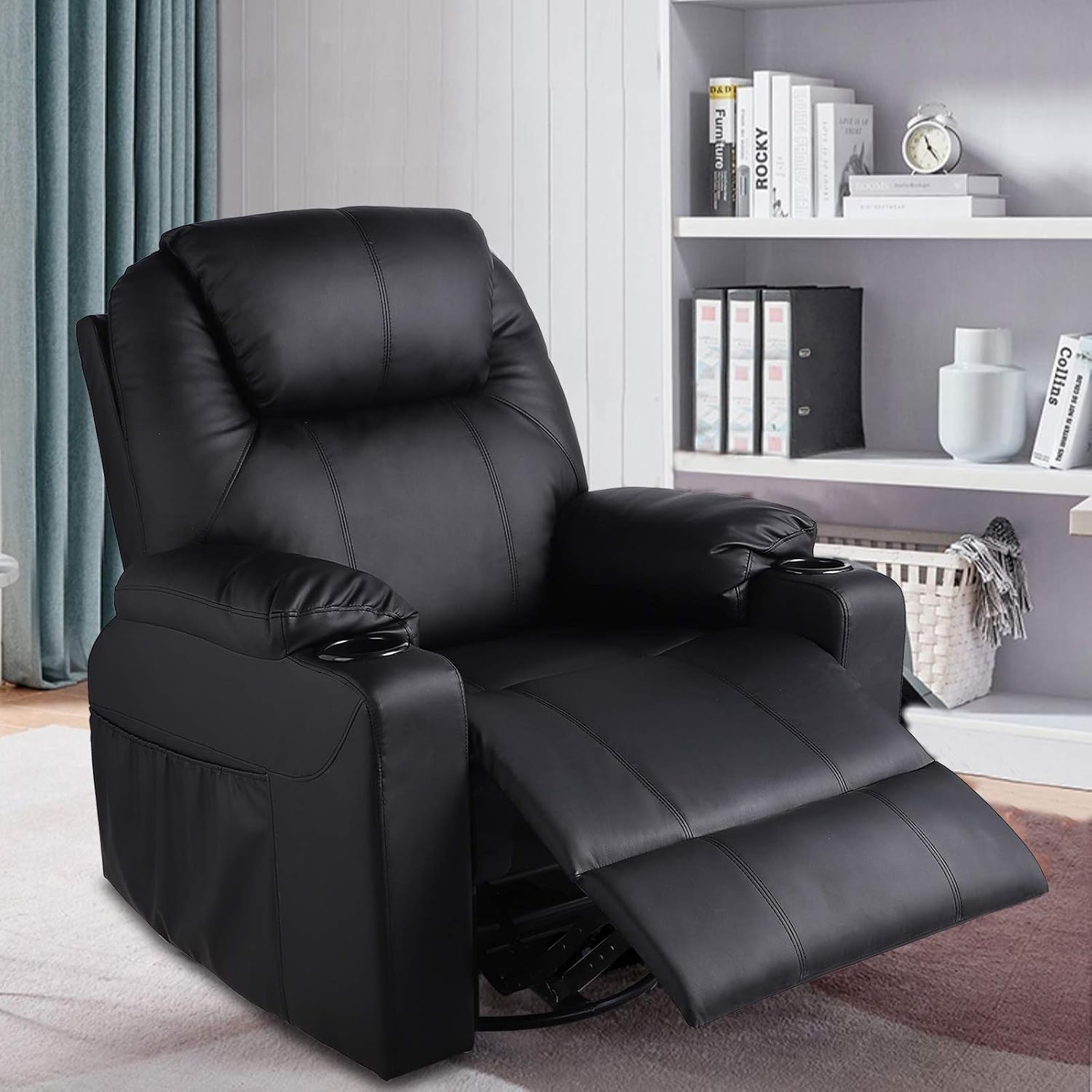 MAGIC UNION Modern PU Leather Massage Recliner Chair Rocking and 360°Swivel Heated Ergonomic Living Room Lounge Chair Single Sofa with 2 Cup Holders and Side Pockets (PU+Black)