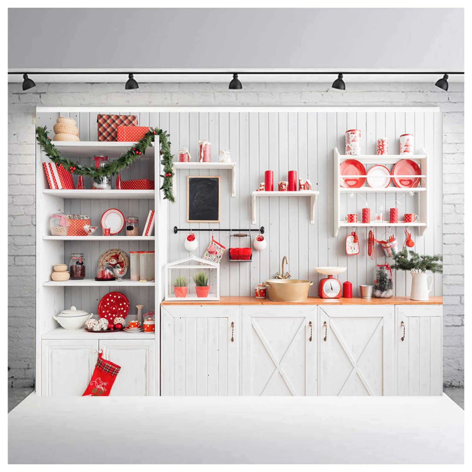 Weihnachts-Fotohintergrund Mit Weißem Schrank & Rotem Geschirr – 270x180 Cm, Vinyl, Für Feiern & Studio
