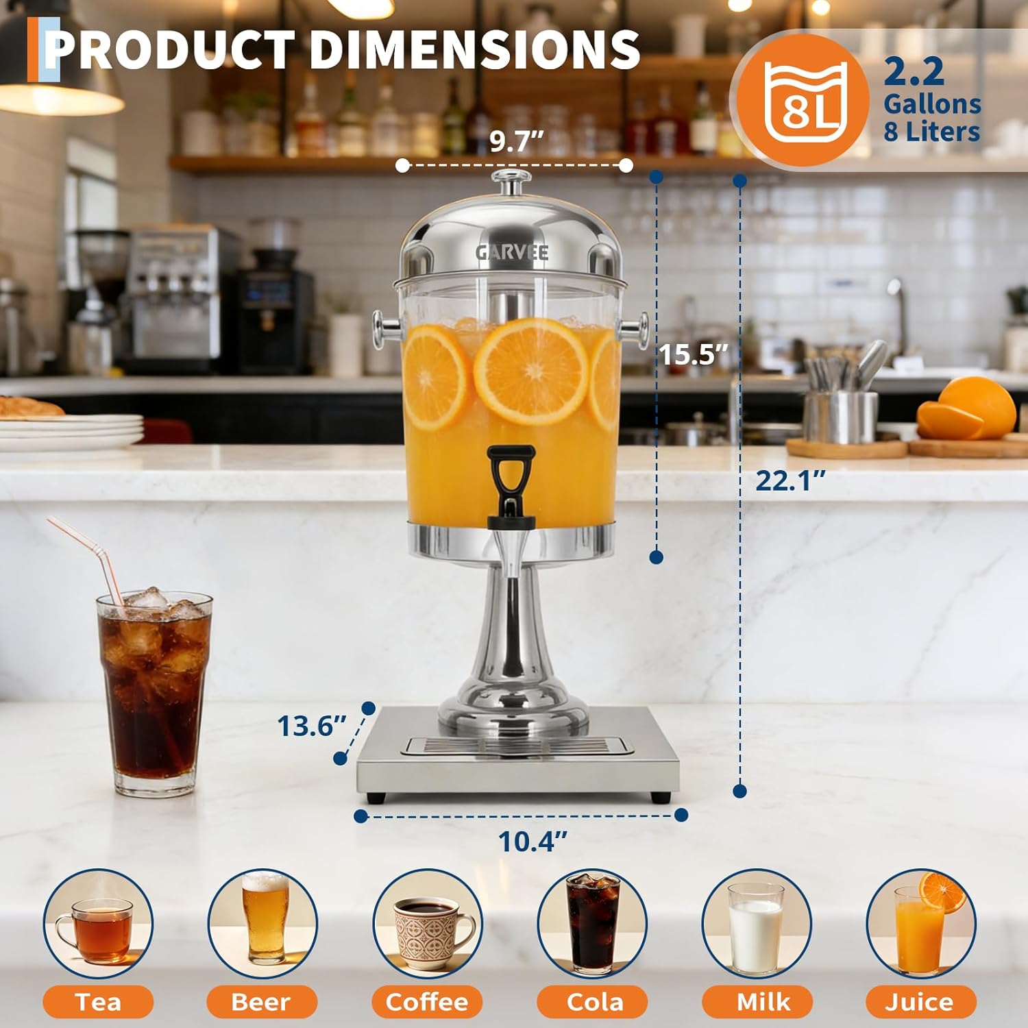 GarveeHome 2.2 Gallon Beverage Dispenser with Ice Core, Stainless Steel Cold Drink Dispenser with Stand, Spigot & Drip Tray for Lemonade, Iced Tea, Juice, Parties, Weddings & Events