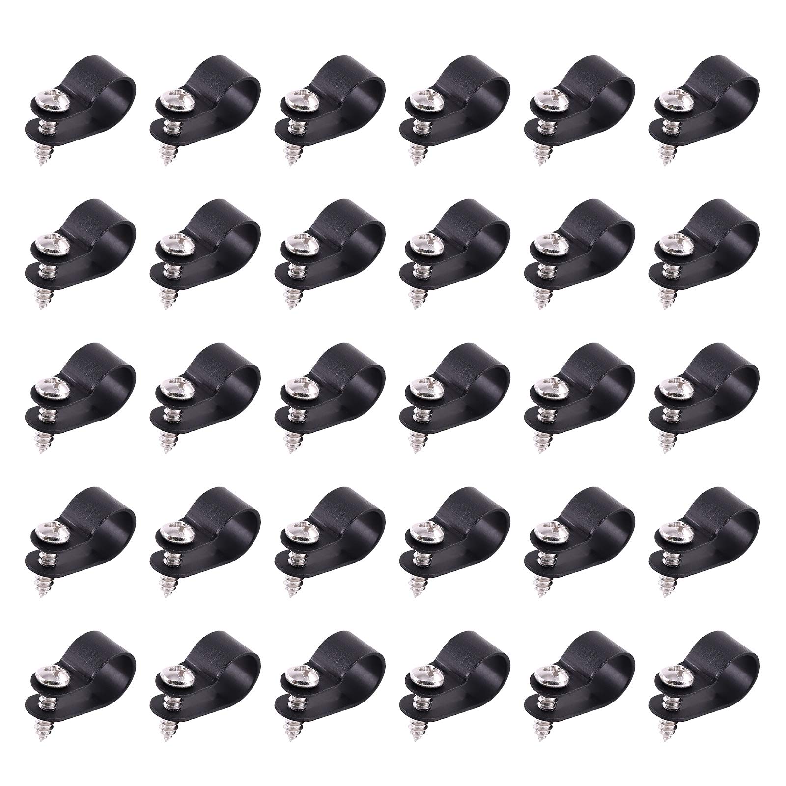 Swpeet 60 Pack Black 1/2 Inch Nylon Plastic R-Type Cable Clips Clamp Kit, Nylon Screw Mounting Cord Fastener Clips with 60 Pack Screws for Wire Management