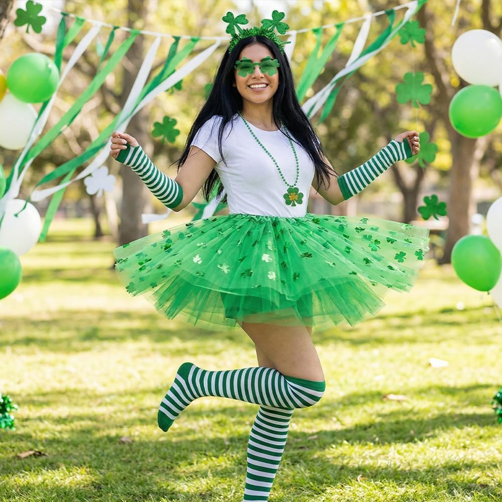 St. Patrick's Day Costume Accessories Set 5pcs Shamrock Green Tutu Skirt Gloves Headband Clover Sunglasses Clover Necklace Party Outfits for St. Patrick's Day Parade
