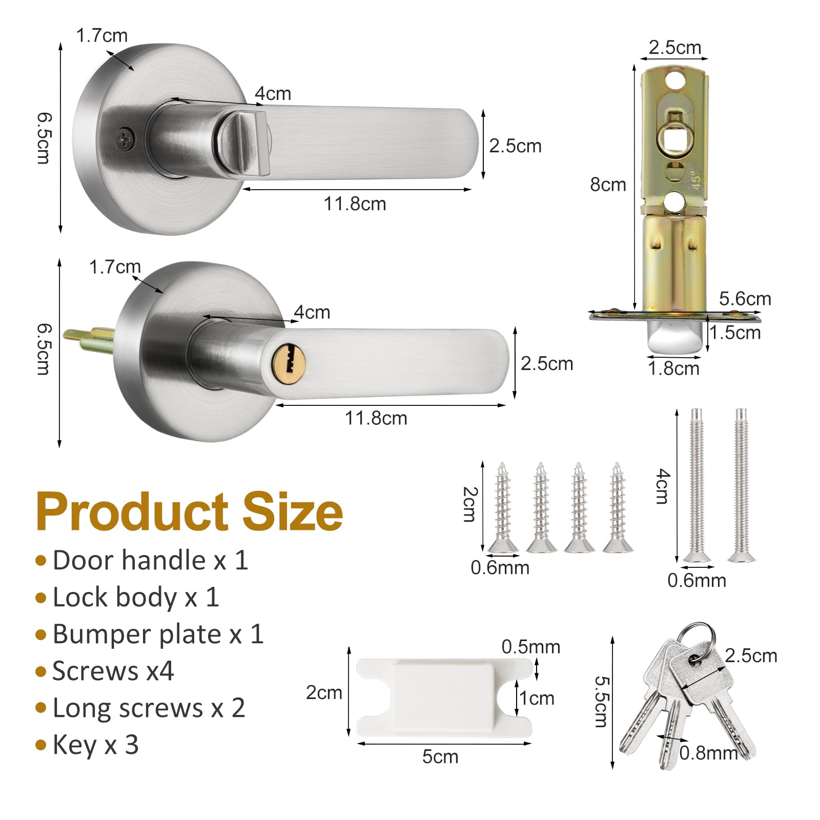 Manija con Cerradura de Llave, Manija de Puerta con Cerradura y Llave, Juego de Manillas de Entrada, Manija para Puertas de Paso, Cerradura de Palanca de Puerta para Dormitorio, Baño (Plata)