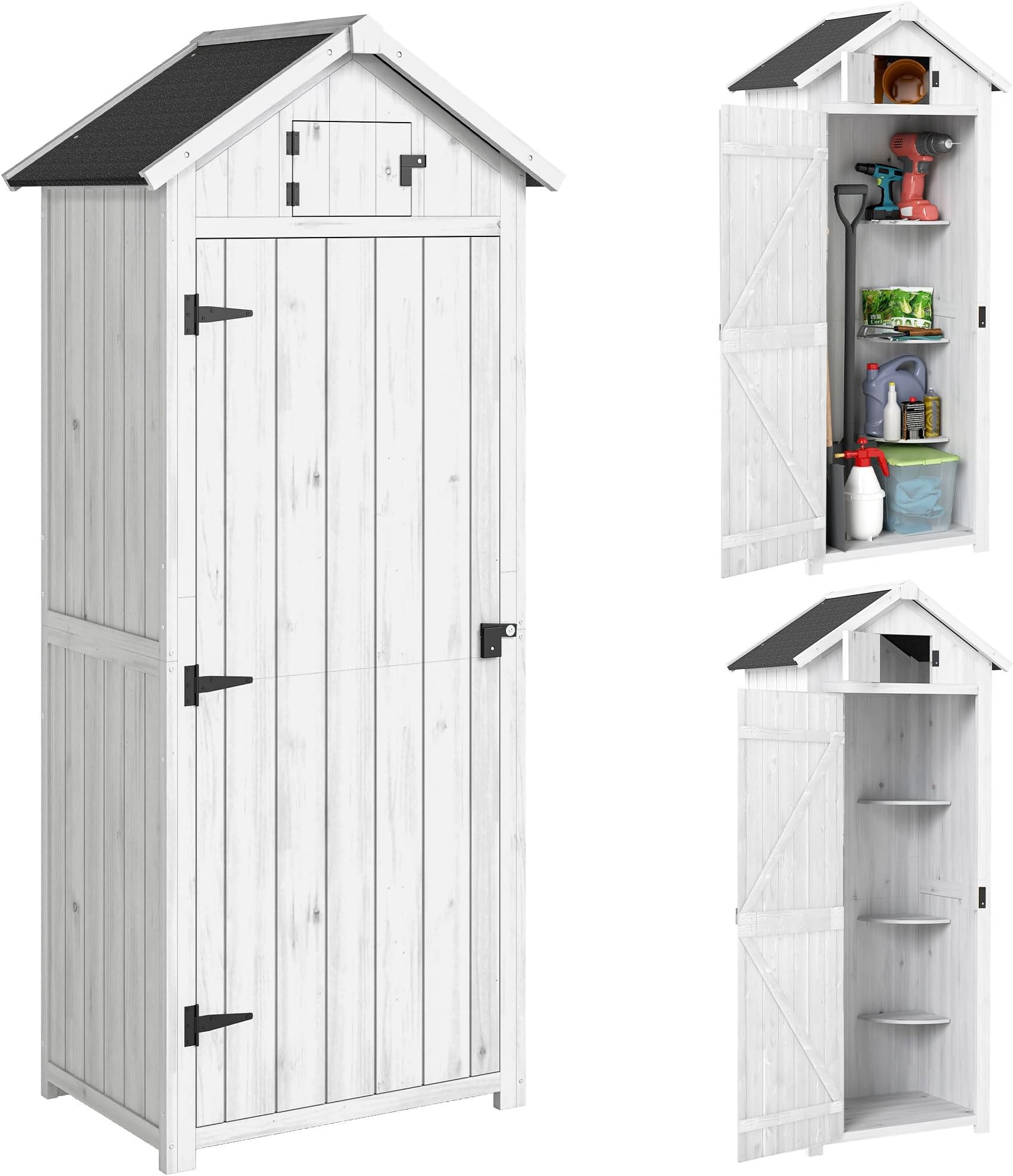 Outsunny Small Shed, Tall Slim Wooden Garden Shed with 3 Removable Shelves and Roof Hatch, Compact Outdoor Tool Storage Cabinet with Asphalt Roof and Door Latch, 77 x 54.2 x 179 cm, Light Grey
