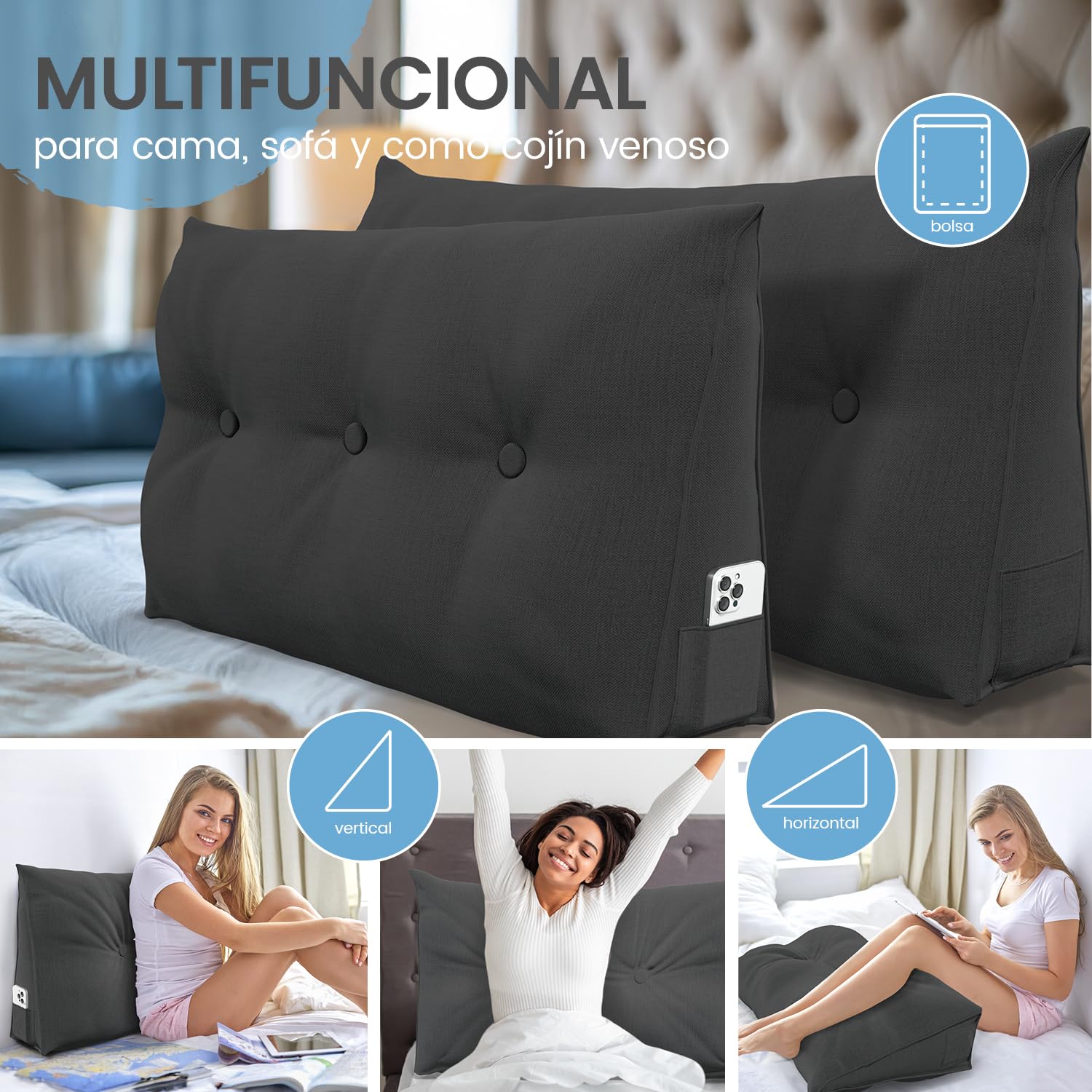ELONEO Cojín de Respaldo 70 cm de Ancho, cojín en Esquina Apto para Cama y sofá