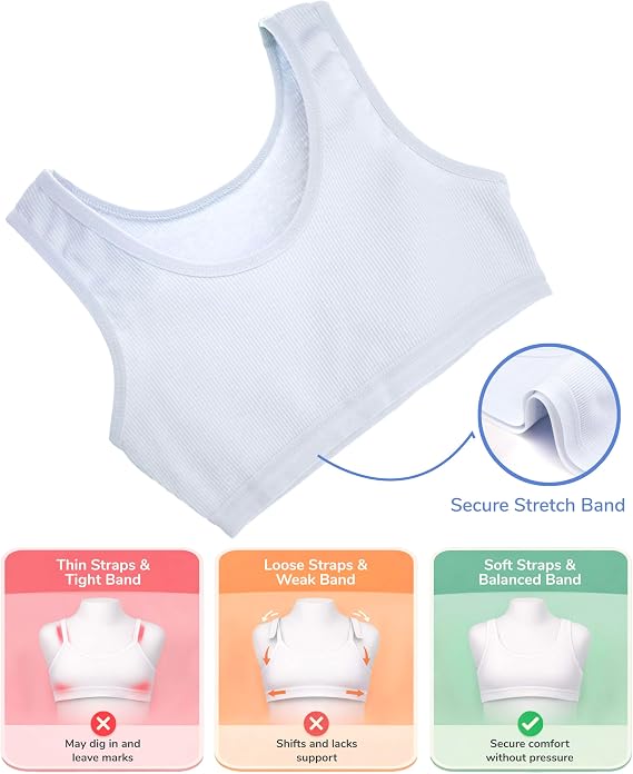 Donella Girls Training Bras - Soft Cotton Ribbed Kids Sports Bra, 5 Pack Crop Tops
