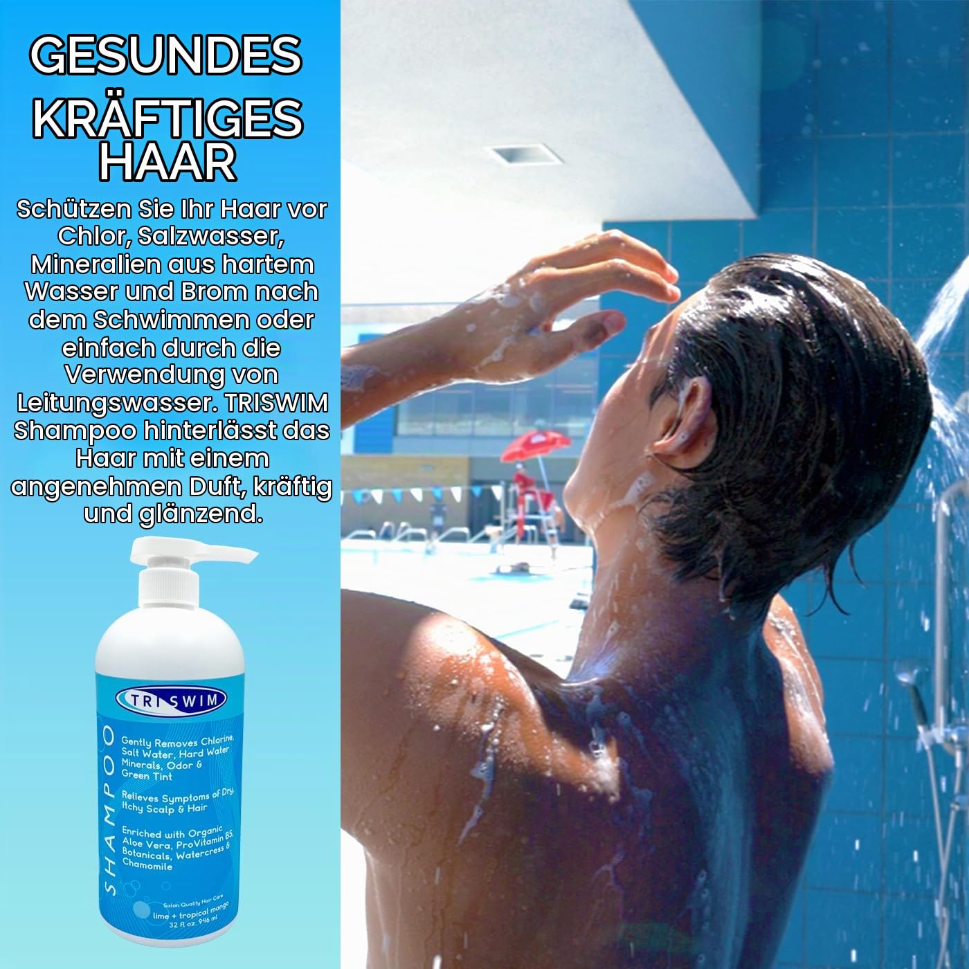 TRISWIM Chlorentfernendes Shampoo nach dem Schwimmen | Entfernt Chlor, Salz und Poolchemikalien | Für sauberes, gepflegtes Haar | Mit Aloe Vera | Limetten-Mango-Duft, 946 ml