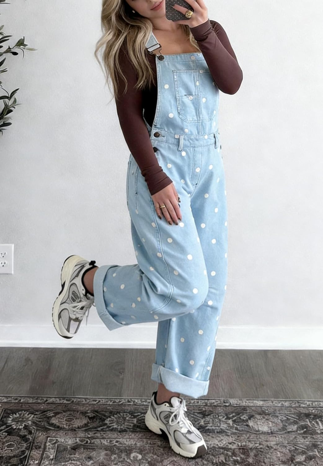 chouyatou Women Y2K Polka Dot Denim Bib Overalls Wide Leg Boyfriend Baggy Barrel Jeans Overalls Jumpsuits