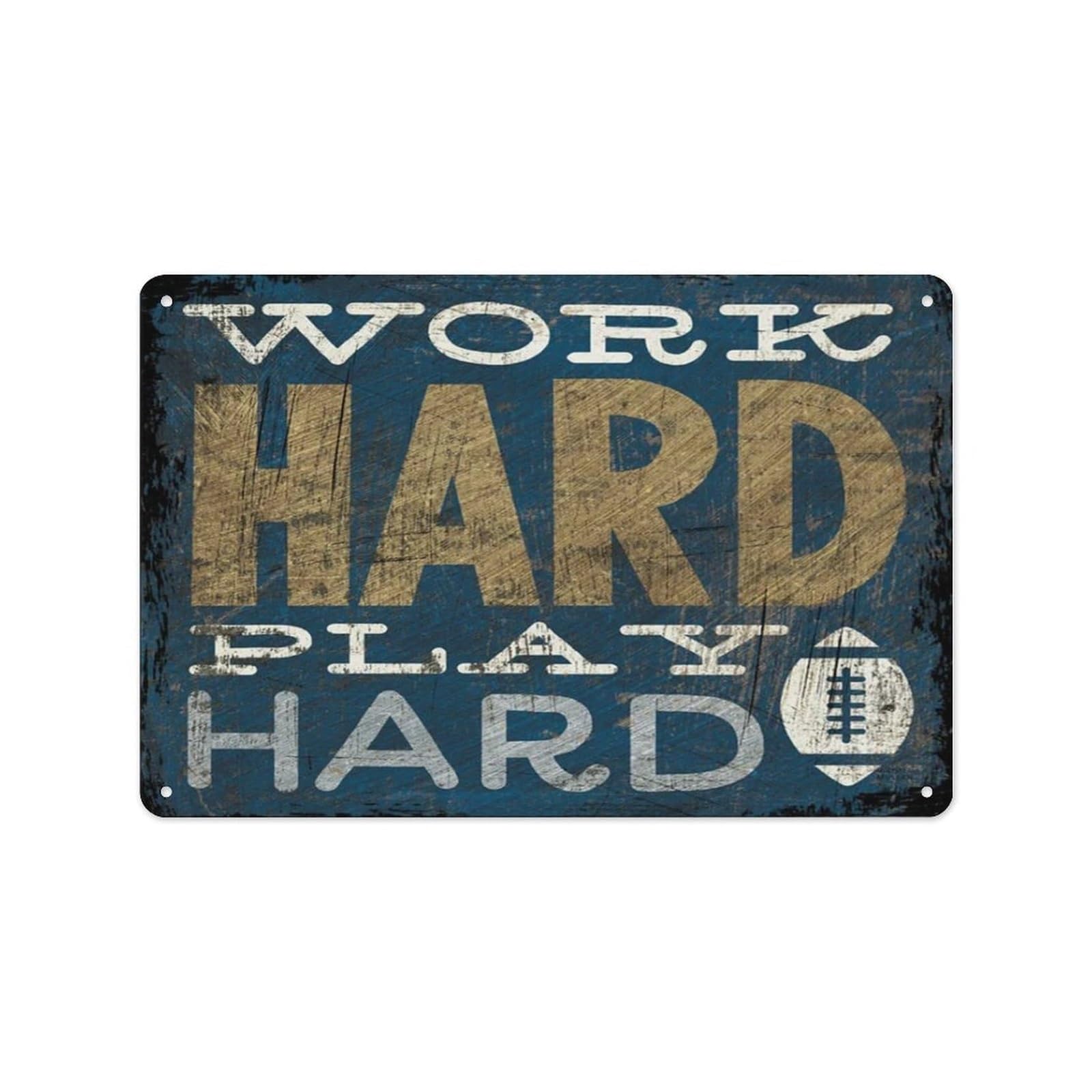 MCQWOMFQAK Industrial Office Decor Metal Wall Art Work Hard Play Hard Funny Motivational Sign for Workshop Garage Man Cave Gym 8 X 12 Inch