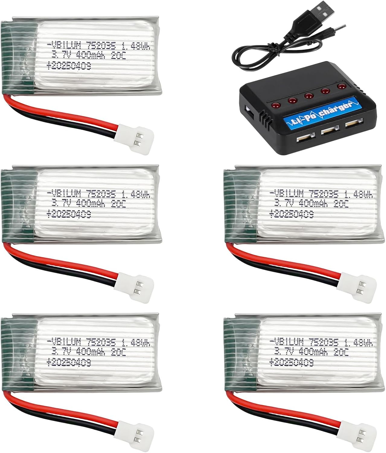 3.7V 400mAh Lipo Battery with Molex Plug for RC Planes Mini Drone Quadcopter Aircraft Models Battery with 5-in-1 Charger (5PCS)